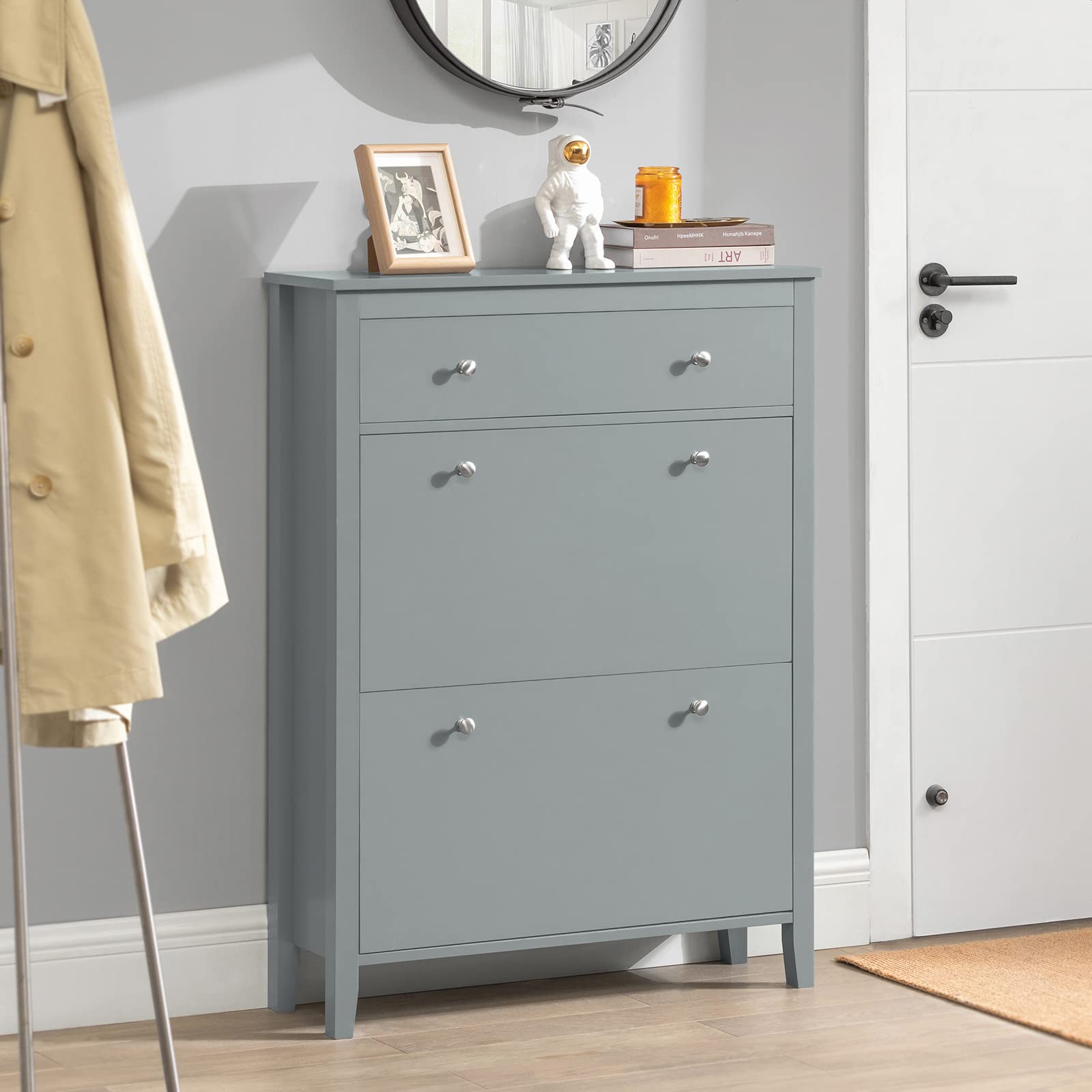 Haotian Narrow Shoe Storage Cabinet with 1 Drawer & 2 Flip Drawers - Grey Entryway Shoe Rack Organizer for Hallway, Living Room (31.5