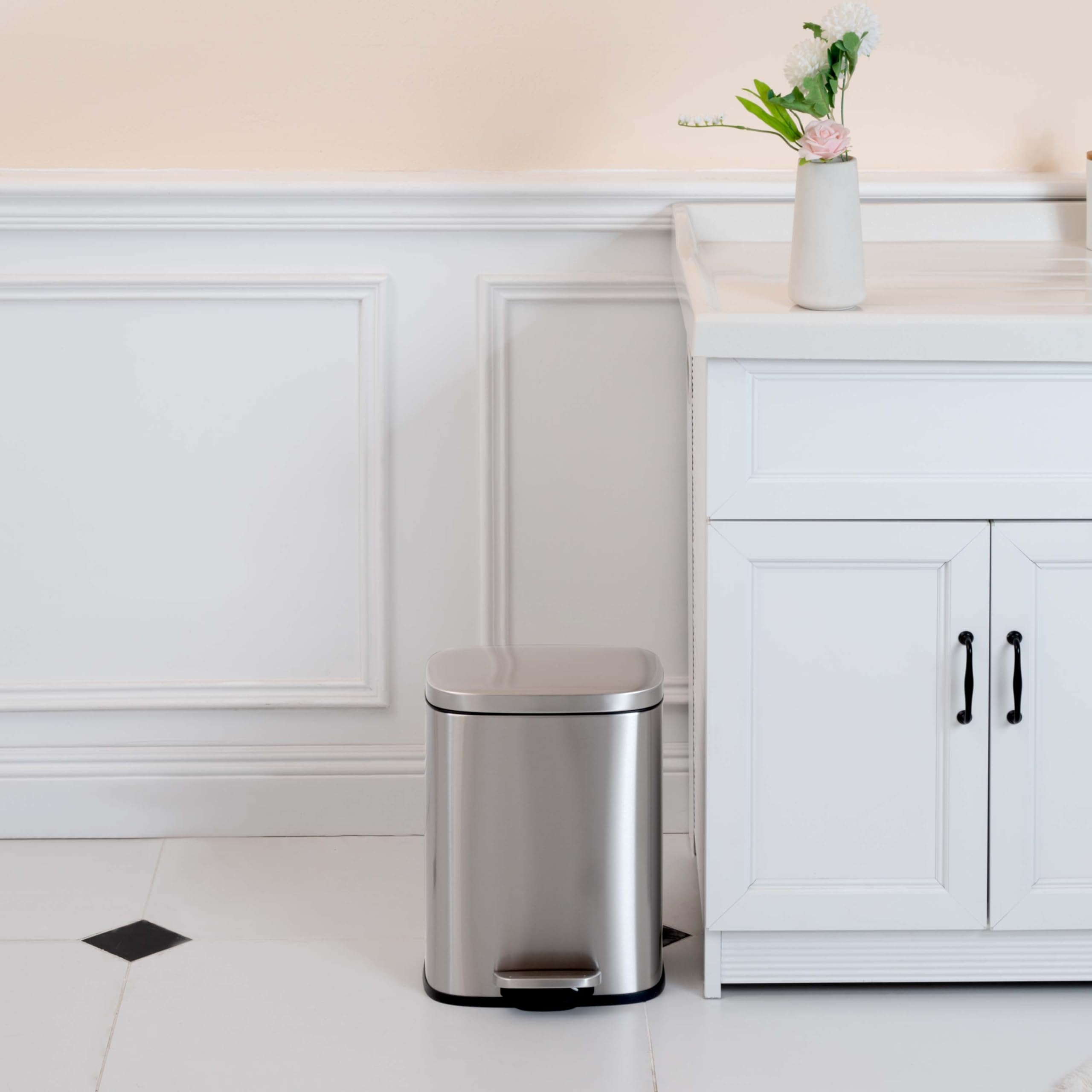 Amazon Basics Smudge Resistant Small Rectangular Trash Can with Soft-Close Foot Pedal - 12L/3.1 Gal Brushed Stainless Steel Bathroom & Living Room Garbage Bin - 11.3