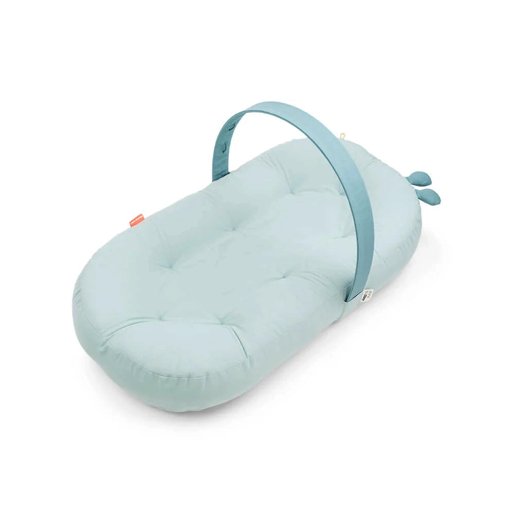 Done by Deer Cozy Lounger with Activity Arch - Soft Baby Playmat & Infant Lounger for Newborns - Interactive Toys for Tummy Time & Play - Raffi Blue - Perfect for Nursery, Daycare & On-the-Go