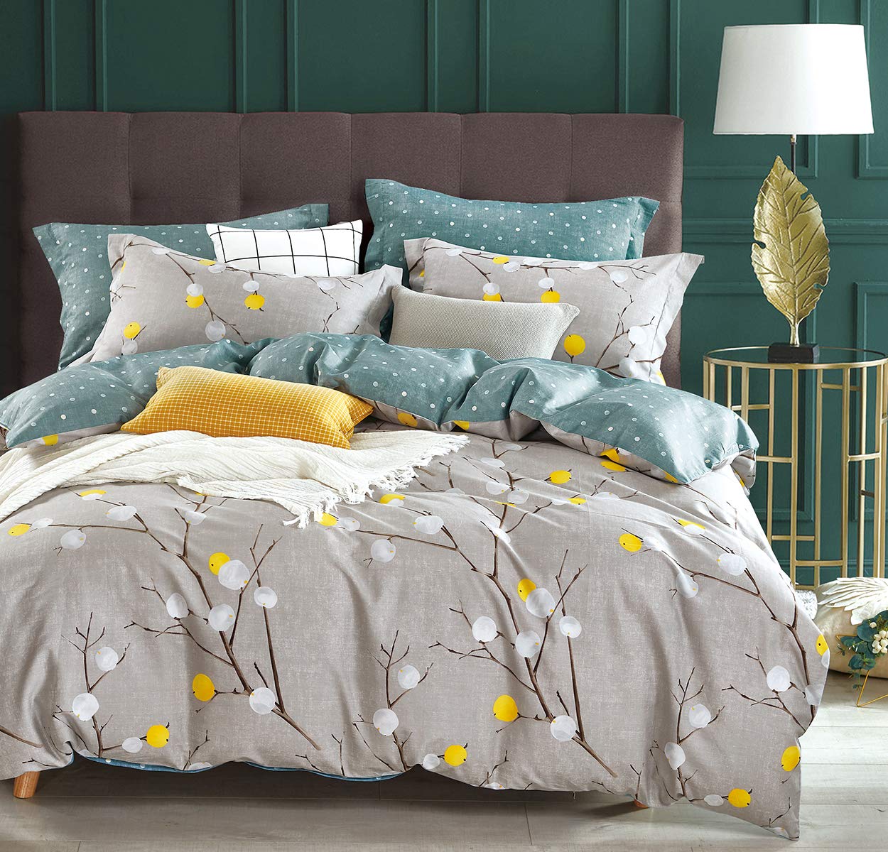 SleepBella King Size Duvet Cover - 600 Thread Count 100% Cotton Grey Branch with Yellow Turquoise Polka Dot Pattern, Reversible Comforter Cover (King, Grey Branches) for Bedroom Decor & Guest Room Styling
