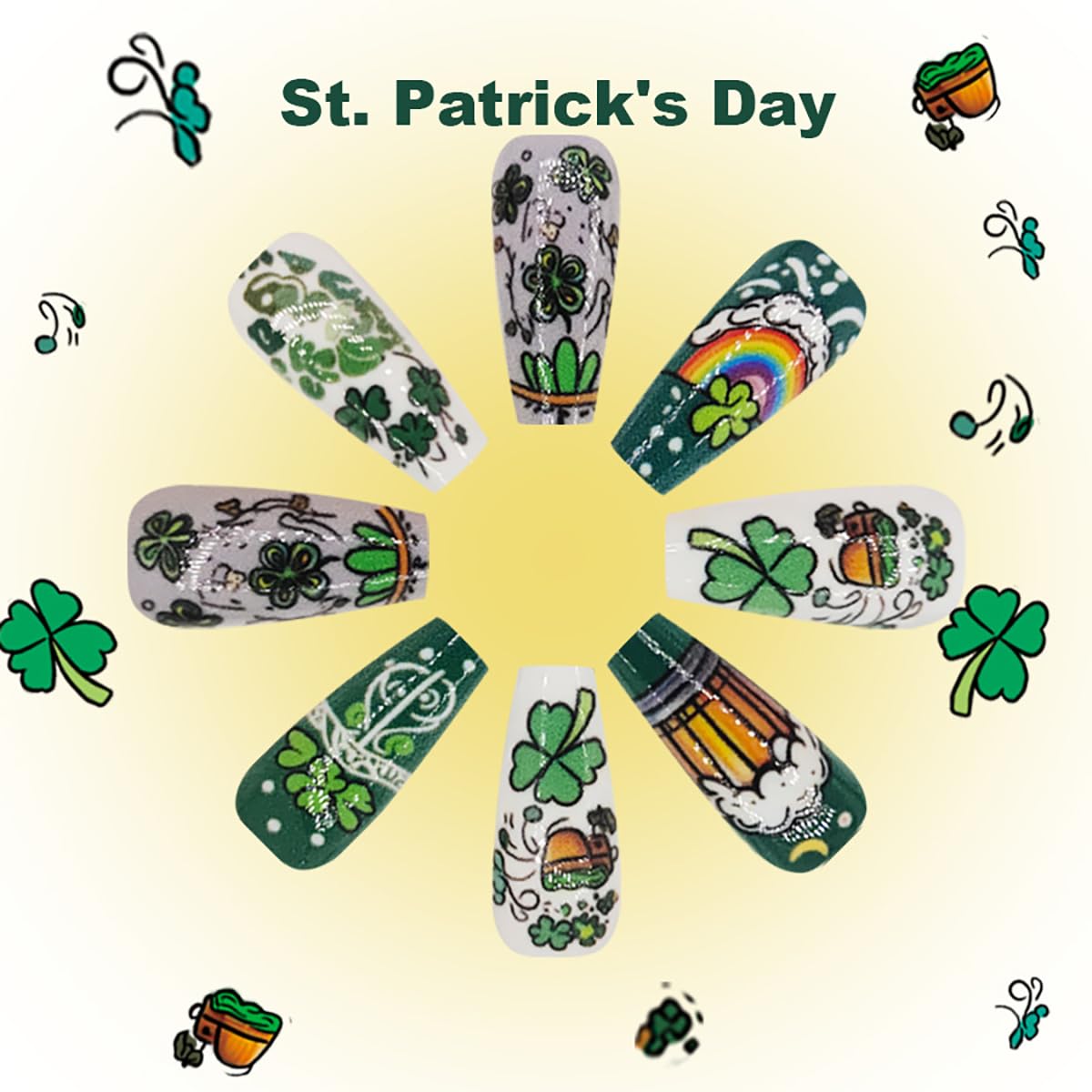 St. Patrick's Day Press On Nails - 24Pcs Long Coffin Fake Nails with Shamrock Design, Reusable Glue on Artificial Nails for Women & Girls | Perfect for Holiday Parties, Festive Events & Irish Celebrations