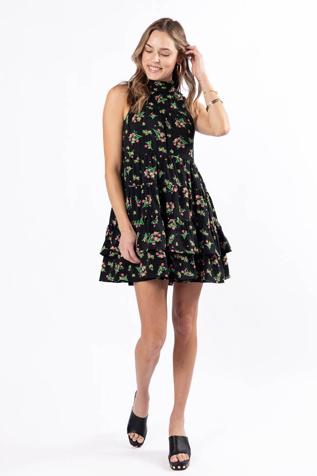 Black Floral Print Mini Dress - Women's Elegant Short Sleeve Party Cocktail Dress for Night Out, Date Night, Summer Vacation & Special Occasions