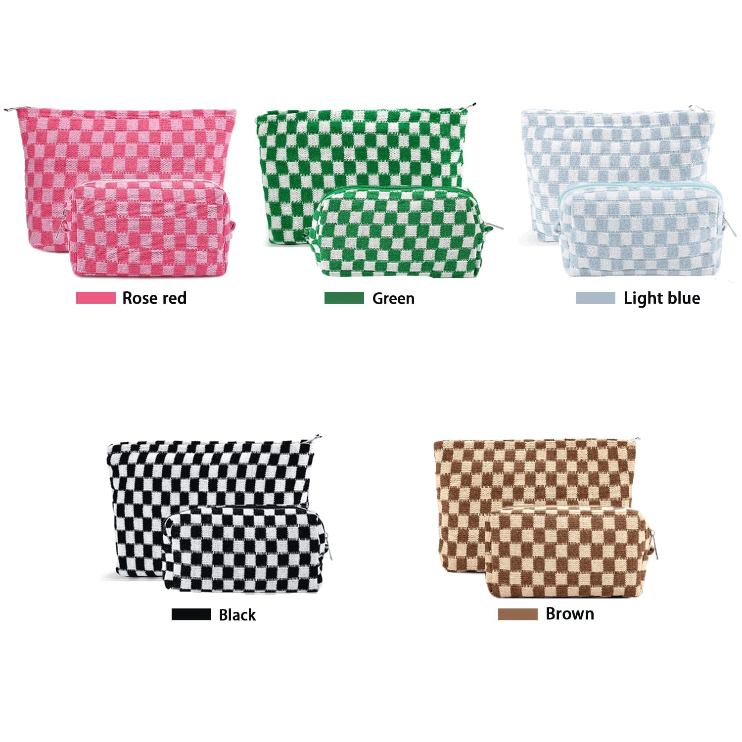 2Pcs Light Blue Checkered Makeup Bag Set for Women - Travel Cosmetic & Toiletry Pouch with Zipper, Cute Aesthetic Storage for Brushes, Cosmetics, Purse Essentials | Perfect for Travel, Gym, School & Daily Use