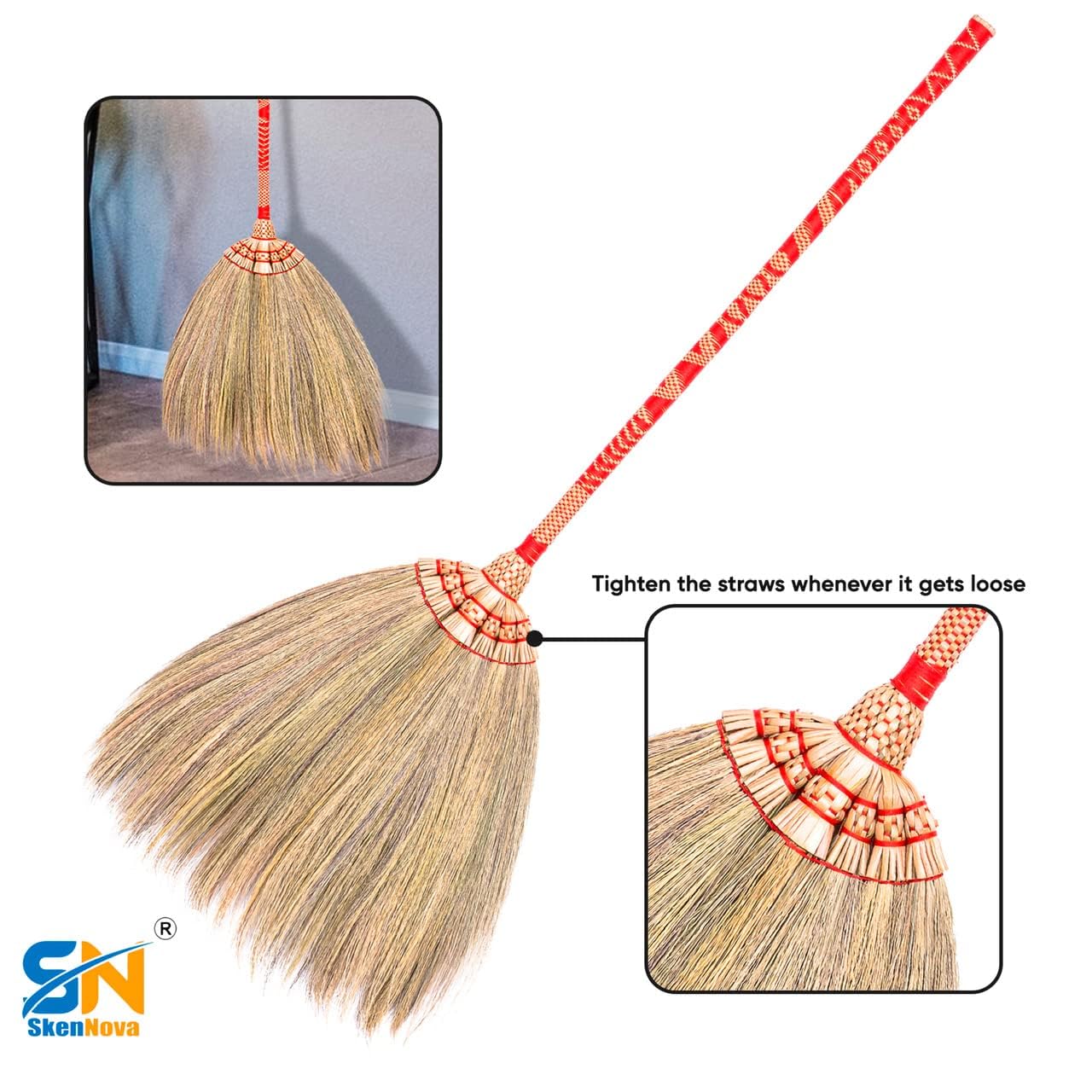 Natural Thai Straw Broom with Bamboo Handle - Handwoven Grass Broom for Sweeping Dirt, Dust & Debris - Traditional Asian Broom for Home Cleaning, Wedding Jumping Broom Ceremony (40