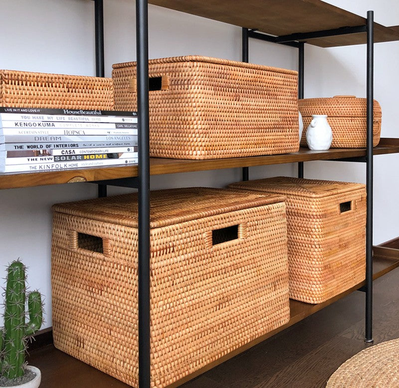 Extra Large Woven Storage Baskets with Lids - Rattan Rectangular Organizer Bins for Shelves, Closet, Living Room | Perfect for Clothes, Blankets & Home Decor Organization