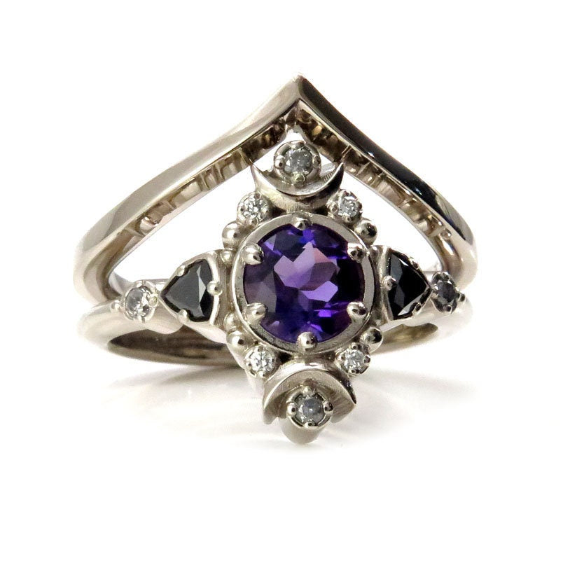 14k Palladium White Gold Amethyst Moon Empress Engagement Ring Set with Black Diamond Trillions | Size 6 & 8 | Ready to Ship | Perfect for Proposals, Weddings & Anniversary Gifts