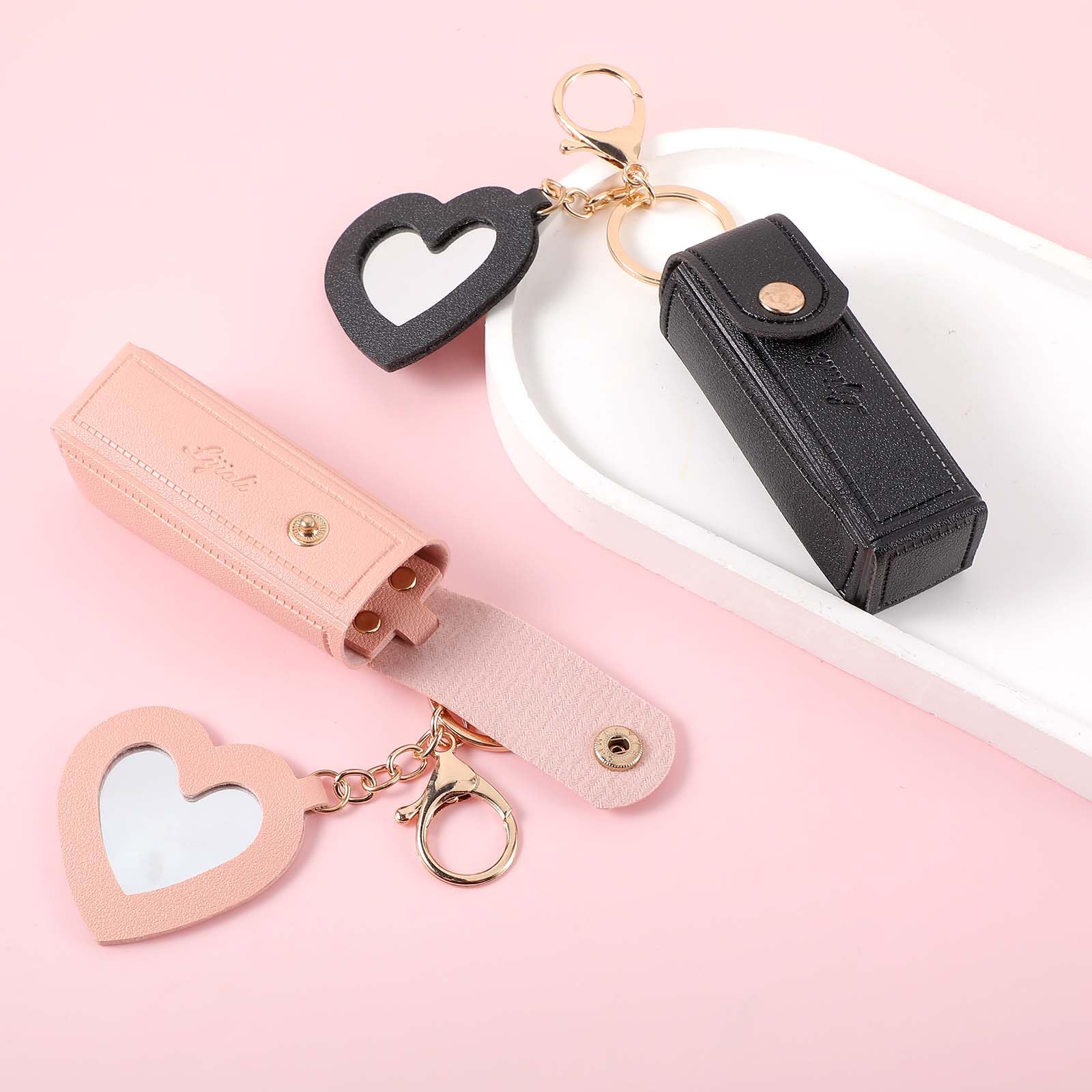 Cobee Women's Lipstick Holder Keychain with Mirror - 2Pcs Soft PU Leather Portable Chapstick Holder & Lipstick Pouch with Metal Key Ring - Perfect for Travel, Party, Gift & Everyday Makeup Organizer