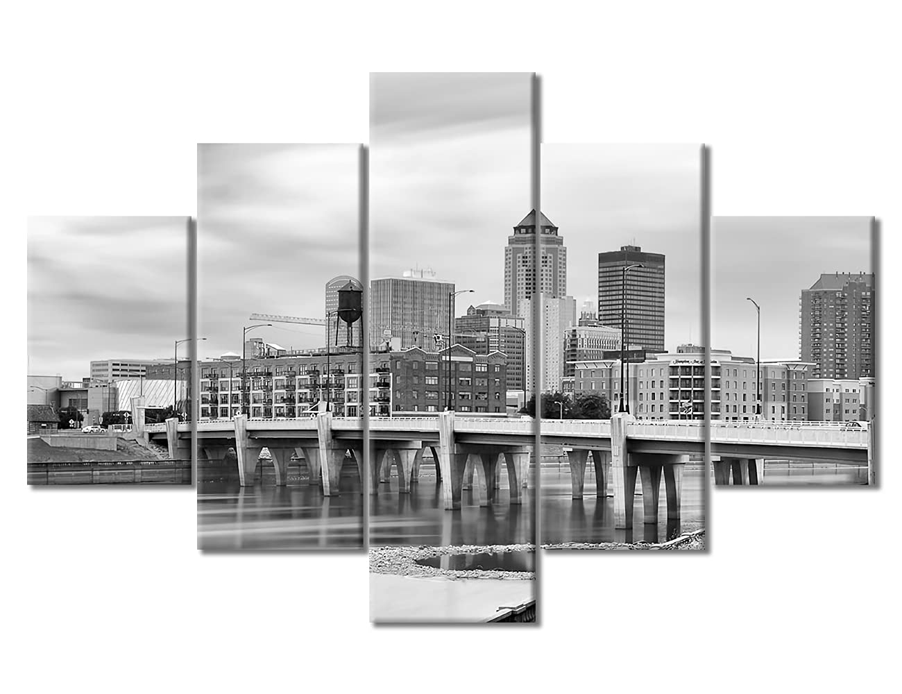 TUMOVO Framed Cityscape Wall Art - Des Moines, Iowa Downtown Skyline Decor (60''W x 40''H) | 5-Piece Bathroom, Living Room, Office & Bedroom Wall Decor | Ready to Hang Home Décor for Urban Style Interiors