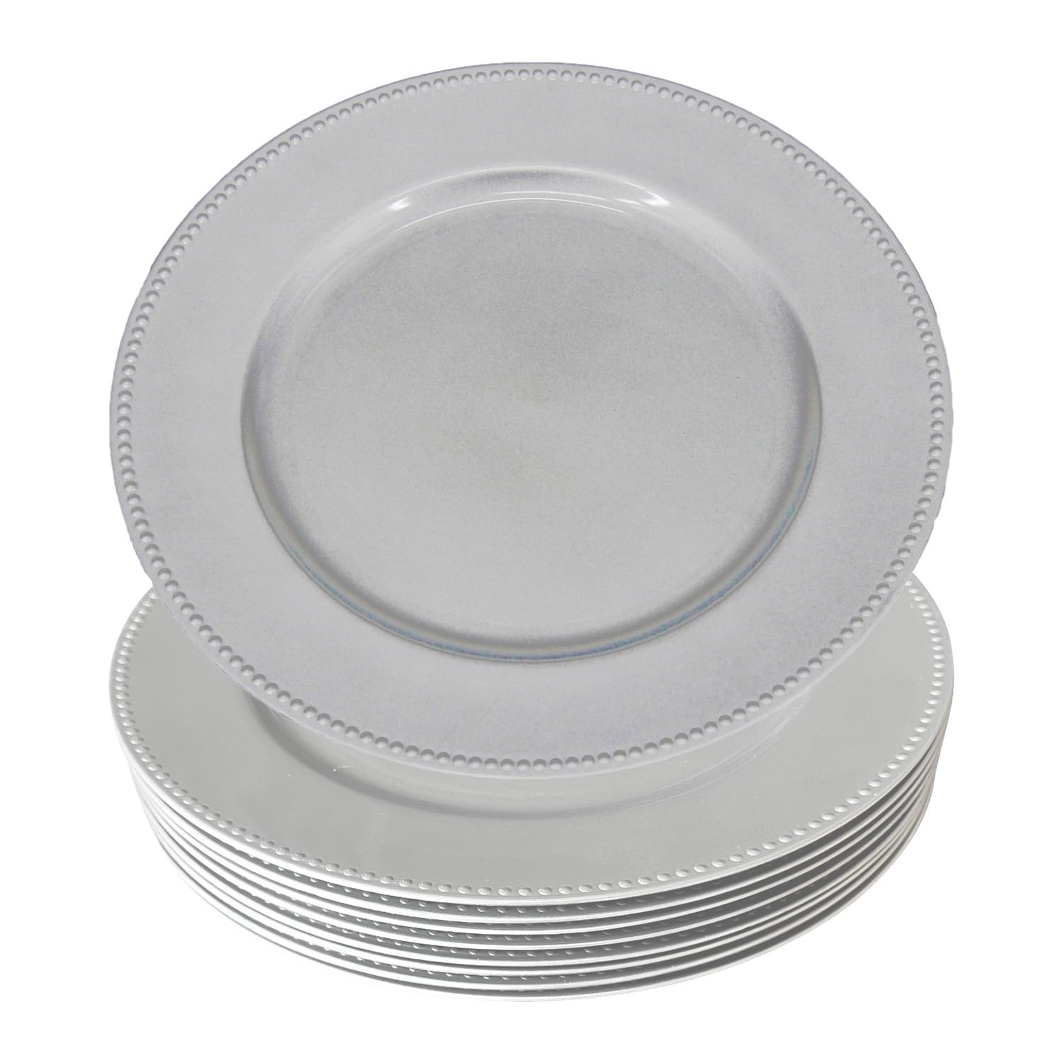 WELMATCH 12-Pack Silver Plastic Beaded Charger Plates - 13 Inch Round Decorative Dinner Plates for Wedding, Party & Special Events - Elegant Table Setting Decor