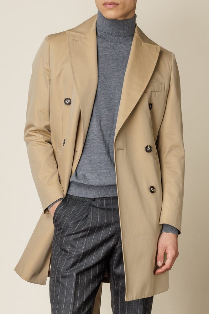 Stylish Mid-Length Double Breasted Trench Coat with Adjustable Belt | Sand Cotton Fabric | Perfect for Office Wear, Fall Fashion & Rainy Day Outerwear