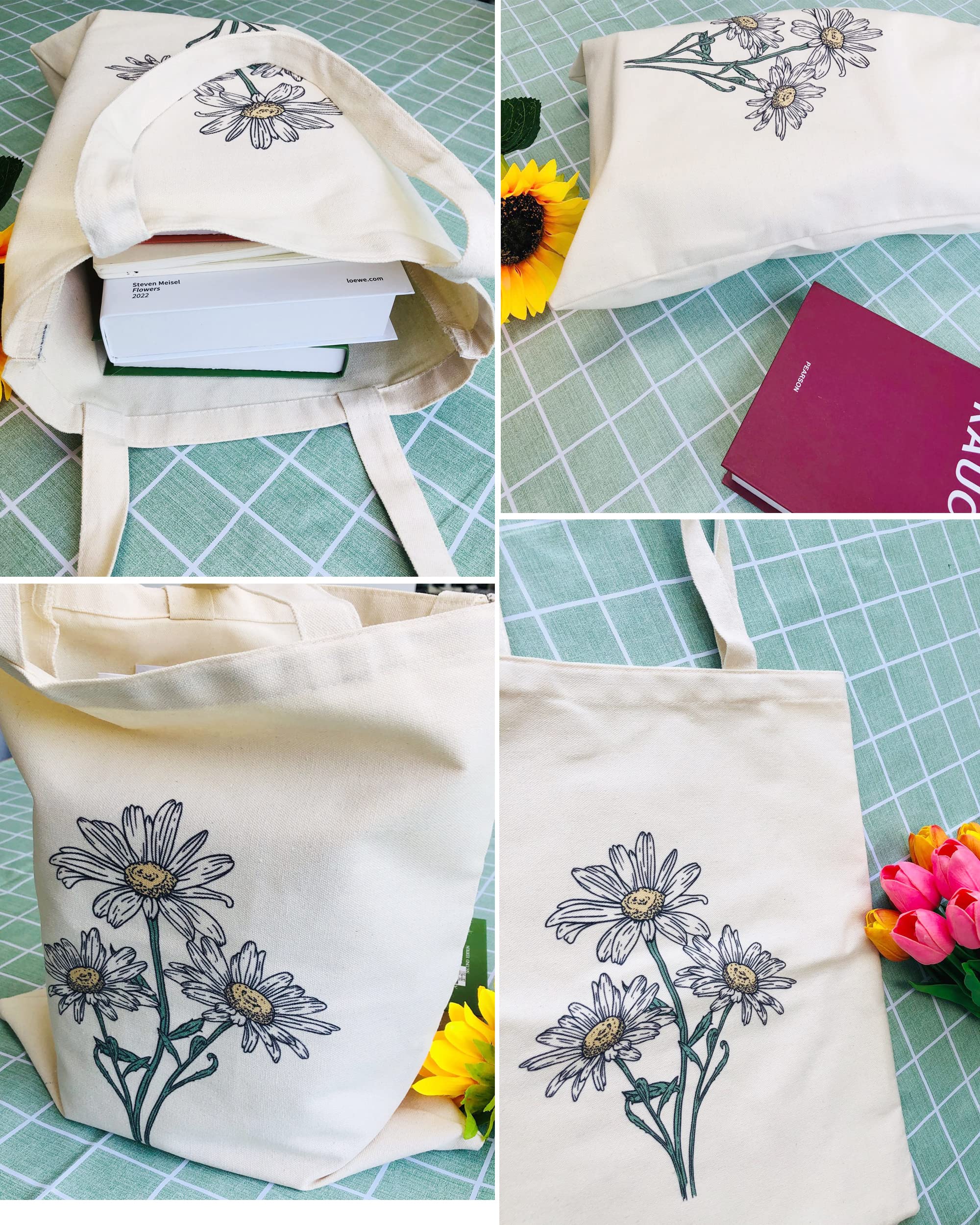 Stylish Floral Canvas Tote Bag for Women - Reusable Grocery Shopping Bag with Cute Cat Design - Perfect for Teachers, Beach Trips & Farmers Market