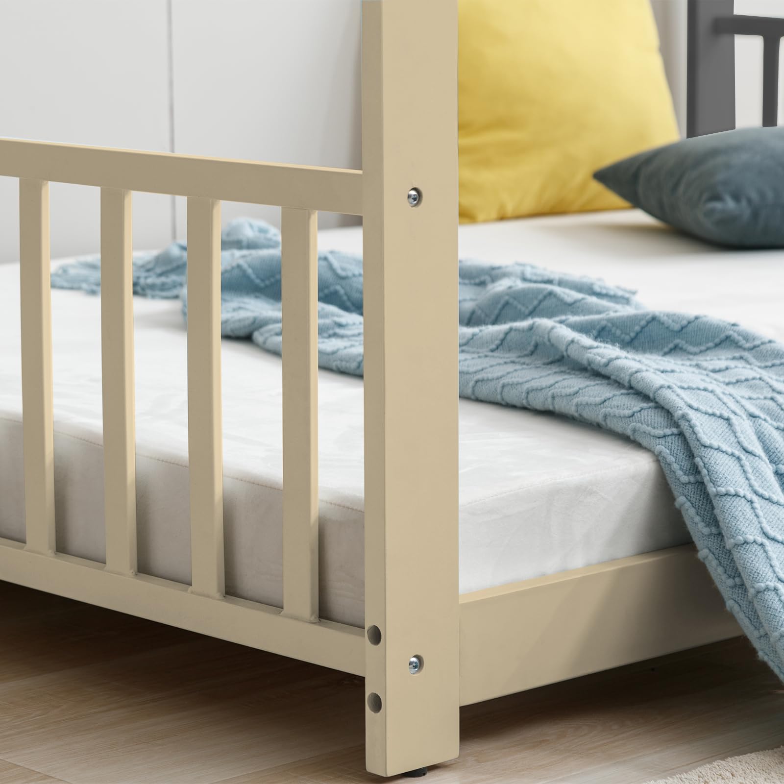 Montessori Floor Bed Full Size - Wooden House Bed Frame with Roof for Kids - Natural Wood Toddler Bed for Boys & Girls - Perfect for Bedrooms, Playrooms & Montessori Learning Spaces