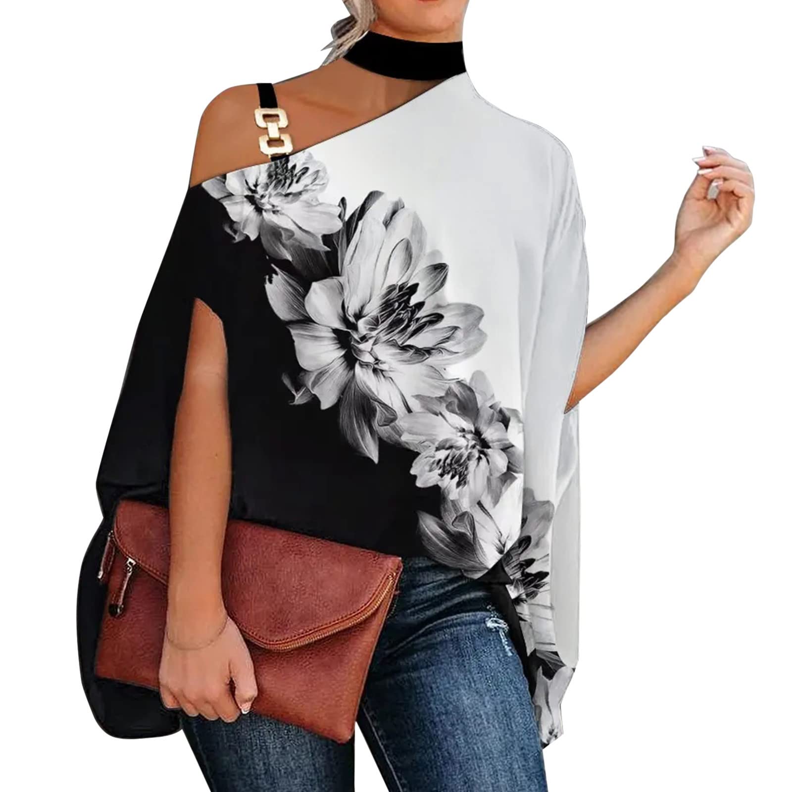 Pacoco Women's Floral Print Batwing Long Sleeve V-Neck Off Shoulder Casual T-Shirt - Summer Fashion Top for Beach, Party & Everyday Wear