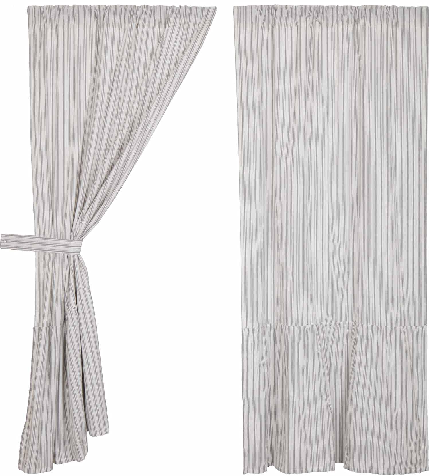 Timeless Ticking Ruffled Panel Curtains Set of 2 - 63 Inch Long Soft White & Gray Striped Farmhouse Drapes for Living Room, Bedroom & Dining Room