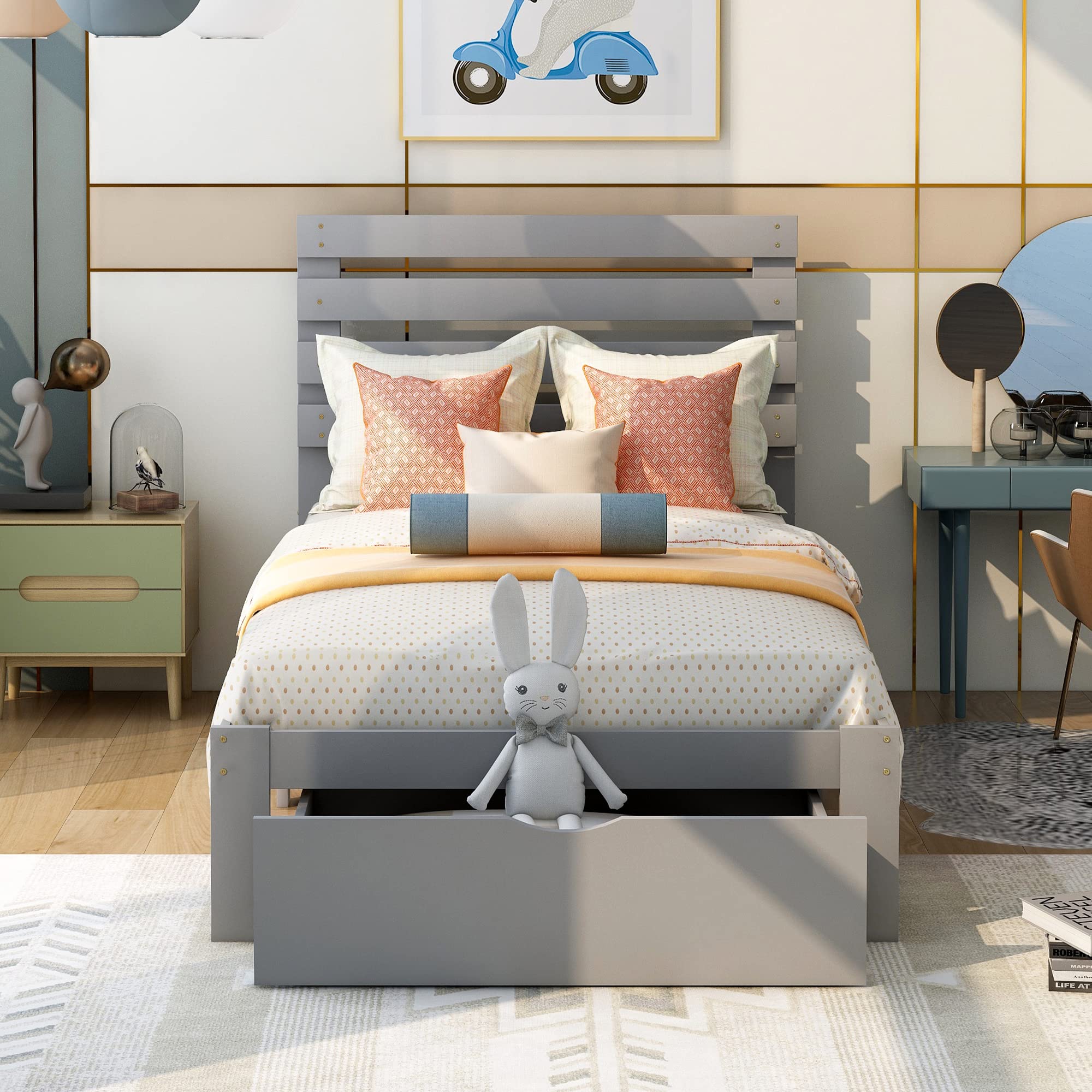 Twin Size Solid Wood Platform Bed Frame with Headboard & Storage Drawer - Space Saving Gray Bed for Small Rooms - Perfect for Kids, Teens & Guest Bedrooms