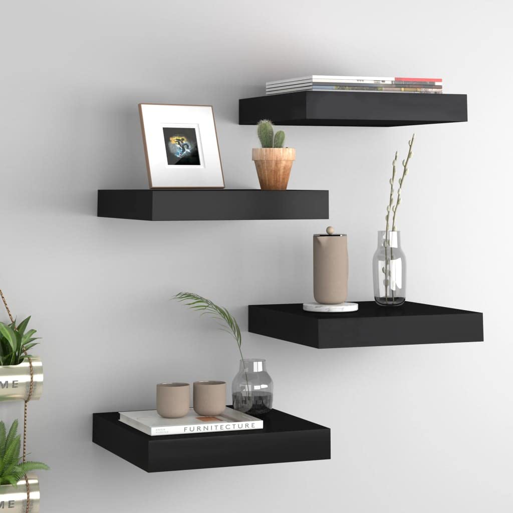 Floating Wall Shelves Set of 4 - Black MDF Invisible Ledge Shelves 9.1