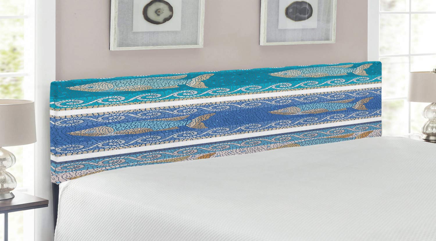 Ambesonne Mosaic King Size Upholstered Headboard - Byzantine Ceramic Inspired Maritime Fish Pattern, Decorative Metal Bed Frame with Memory Foam in Slate Blue | Perfect for Coastal, Bohemian & Mediterranean Bedroom Decor