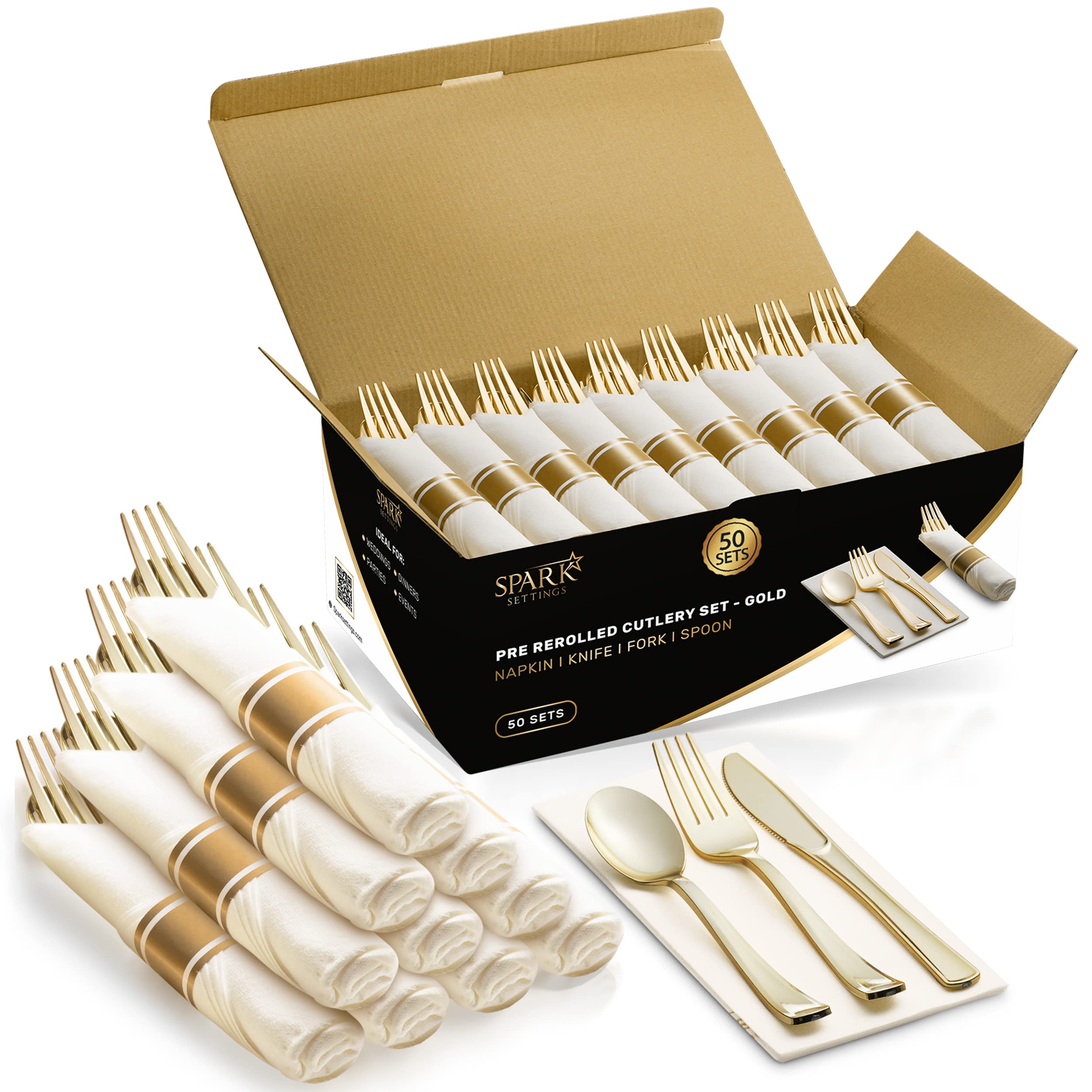 Elegant Gold Plastic Cutlery Set - 50 Piece Disposable Silverware with Napkins, Forks, Knives & Spoons for Wedding, Party & Catering Events - Premium Wrapped Plastic Silverware by SparkSettings