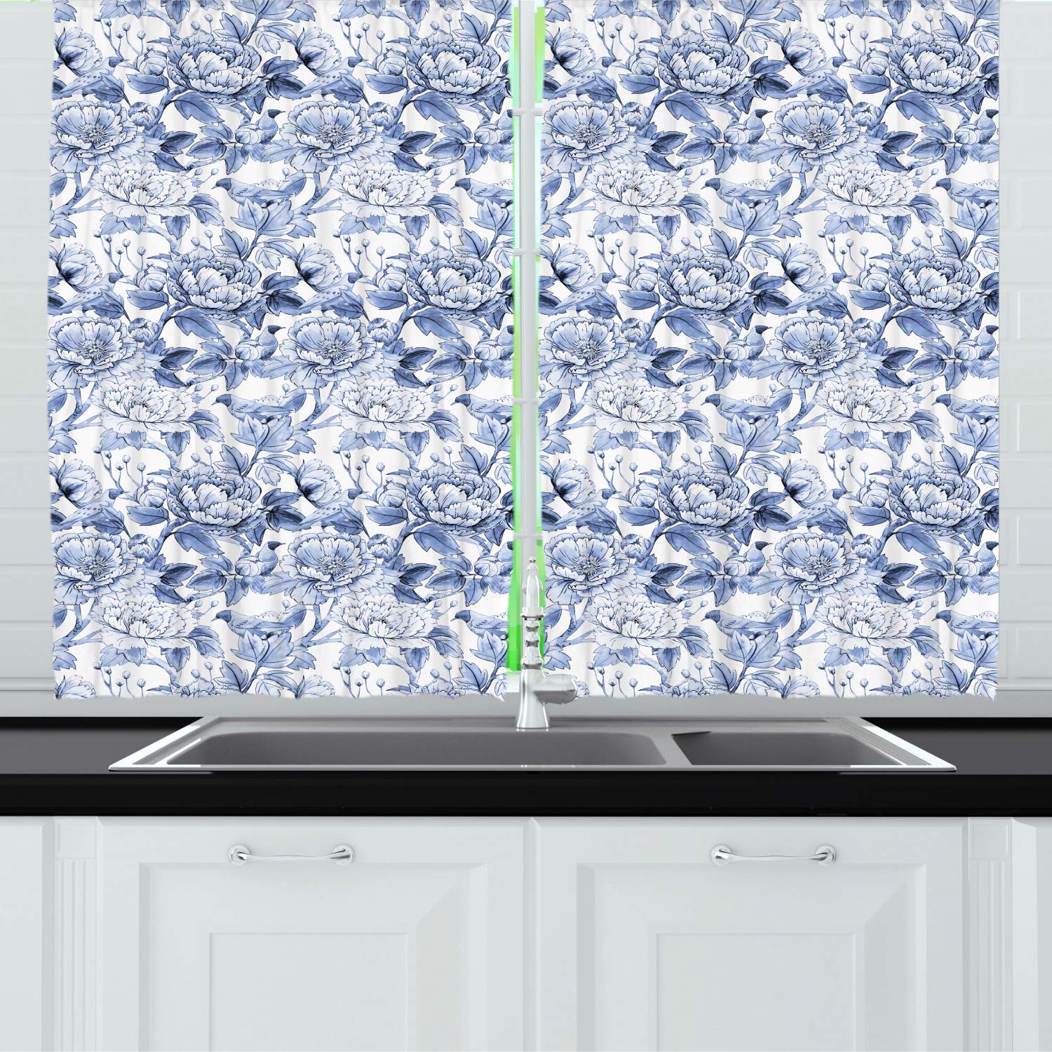 Ambesonne Floral Long Kitchen Curtains - Pastel Nature Monochrome Spring Design with Blooming Peonies & Birds - 2 Panel Rod Pocket Drapes for Windows - 55 x 45 Inches - Ceil Blue & White - Perfect for Farmhouse, Cottage & Vintage Style Home Decor