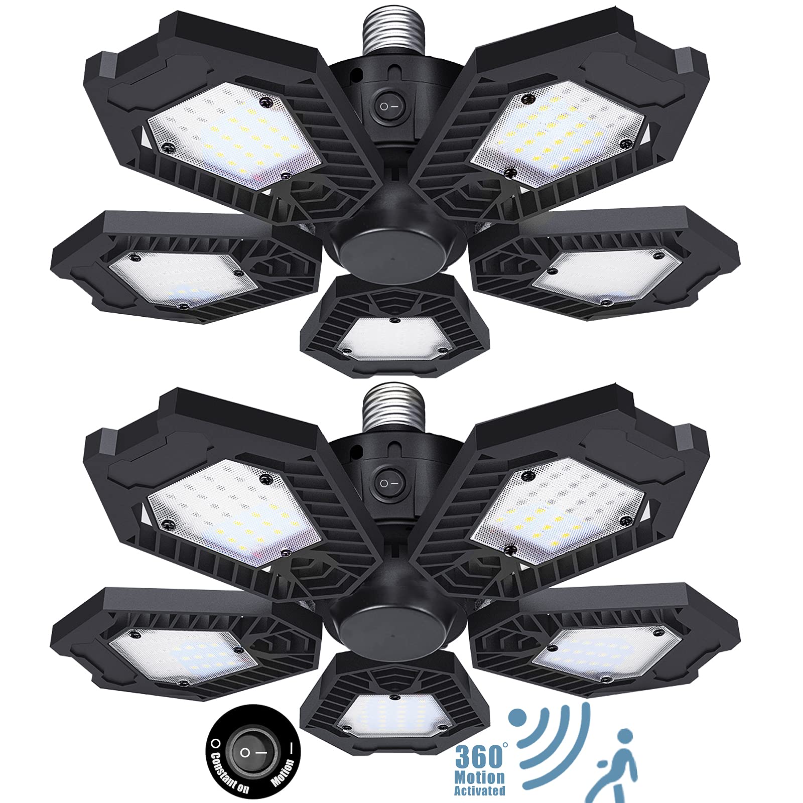 2 Pack 150W LED Garage Lights with Motion Sensor, UL Listed 15000LM Ultra Bright Ceiling Light - 5 Adjustable Panels for Attic, Basement, Workshop & Storage Areas