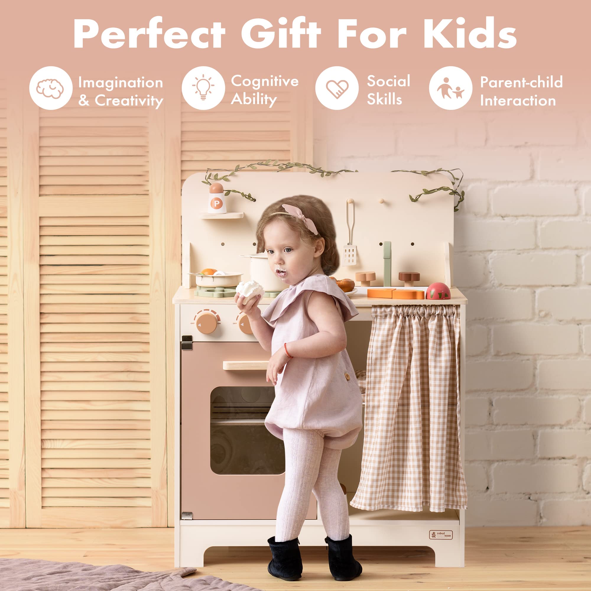 ROBOTIME Rustic Wooden Play Kitchen Set for Kids - Pretend Play Kitchen with Leaf Light String, Apron, and Gloves, Perfect for Toddlers 3+ (Rustic Style) - Ideal for Home, Preschool, and Daycare Pretend Play