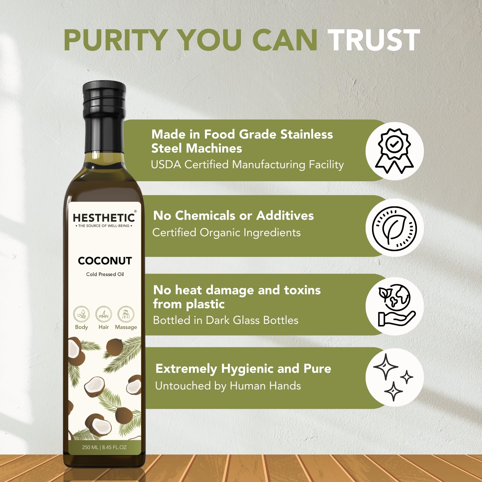HESTHETIC - Virgin Cold Pressed Coconut Oil 250ml | 100% Pure & Natural | Organic Hair & Skin Care | Massage Oil & Oil Pulling | Glass Bottle | Perfect for Cooking, DIY Beauty & Aromatherapy