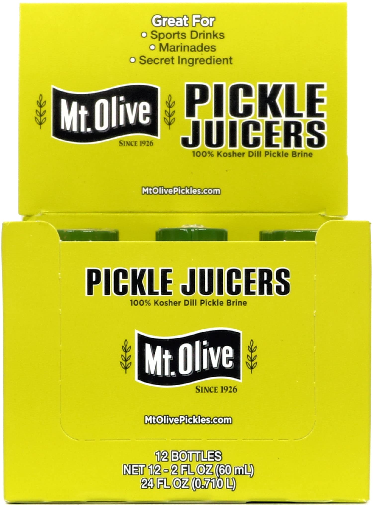 Mt. Olive Pickle Juice 100% Kosher Dill Pickle Brine - 12 Pack of 2 fl oz Bottles | Hydration & Recovery Drink for Athletes, Cocktail Mixer, Cooking Ingredient