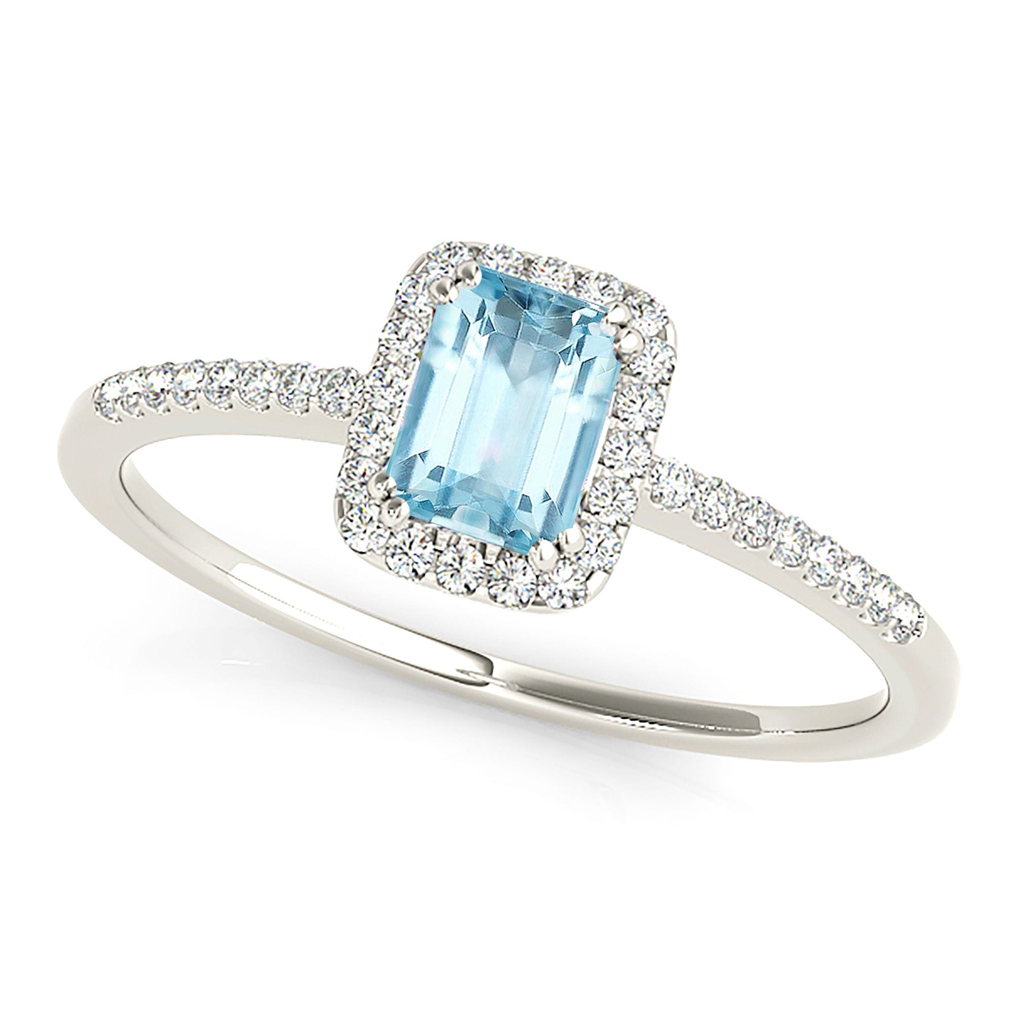 0.65 Carat Genuine Emerald Cut Aquamarine Halo Ring - Elegant Birthstone Jewelry for Women, Perfect for Engagement, Anniversary & Special Occasions