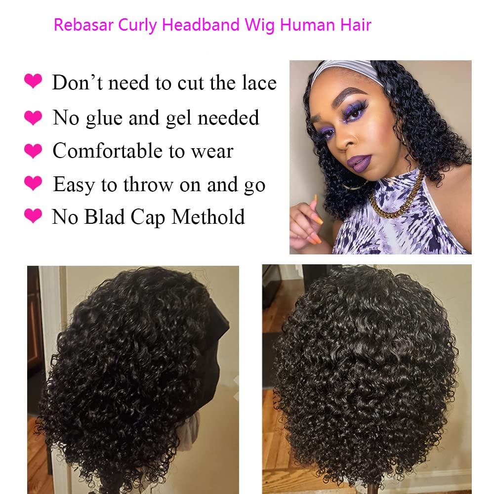 Rebasar 10 Inch Glueless Short Curly Headband Wigs for Black Women - Human Hair No Lace Front Wear & Go Wigs - Natural Black Color - Perfect for Daily Wear, Parties & Special Occasions