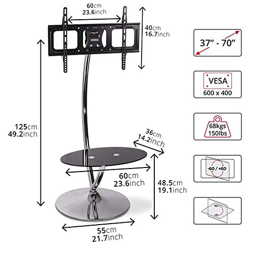 Duronic TV Stand TVS3F1 - Chrome & Glass TV Stand for 30” to 60” Flat Screen TVs (LCD/LED/OLED/QLED) with Tilt & Swivel, VESA 600x400, 150lbs Capacity - Perfect for Living Room, Bedroom & Home Theater Setup