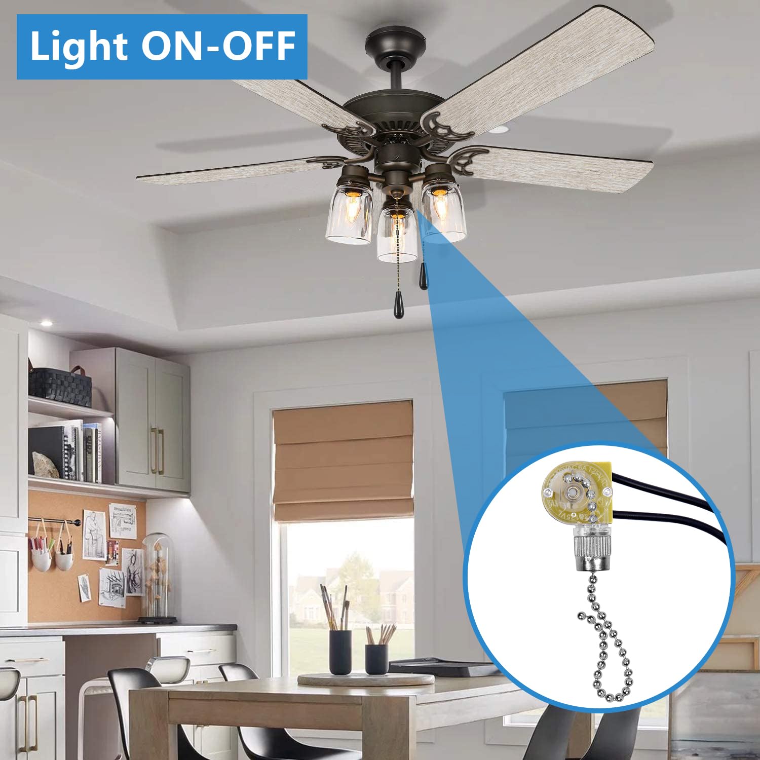 Zing Ear ZE-109 Ceiling Fan Light Switch - On/Off Speed Control with Beaded Pull Chain Extension - Compatible with Hunter Ceiling Fans, Lamps & Wall Lights (Nickel Finish) - Perfect for Bedroom, Living Room & Office Lighting Control