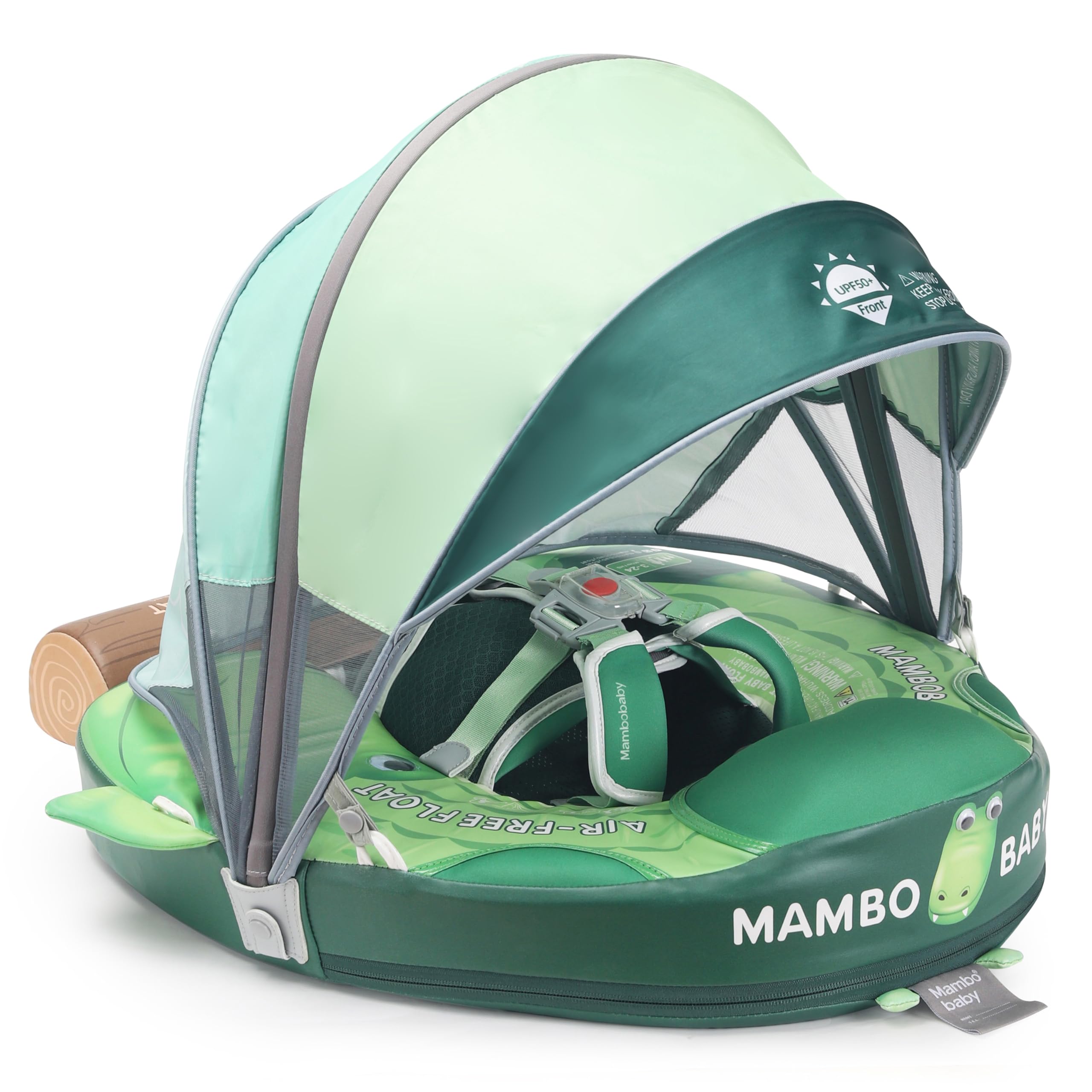 Mambobaby Upgraded Baby Float with Canopy & Adjustable Safety Strap - Non-Inflatable Swim Trainer for Infants (Green Crocodile Design) - Perfect for Pool, Beach & Water Safety Training