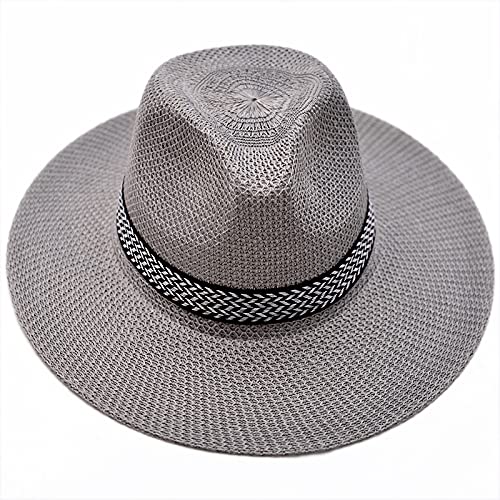 Stylish Wide Brim Straw Sun Hat for Women & Men - Summer Beach Hat with UPF Protection, Fashionable Fedora Design for Travel, Outdoor, and Leisure Activities - Perfect Gift for Dad, Jazz Lovers & Vacation Essentials (Grey)