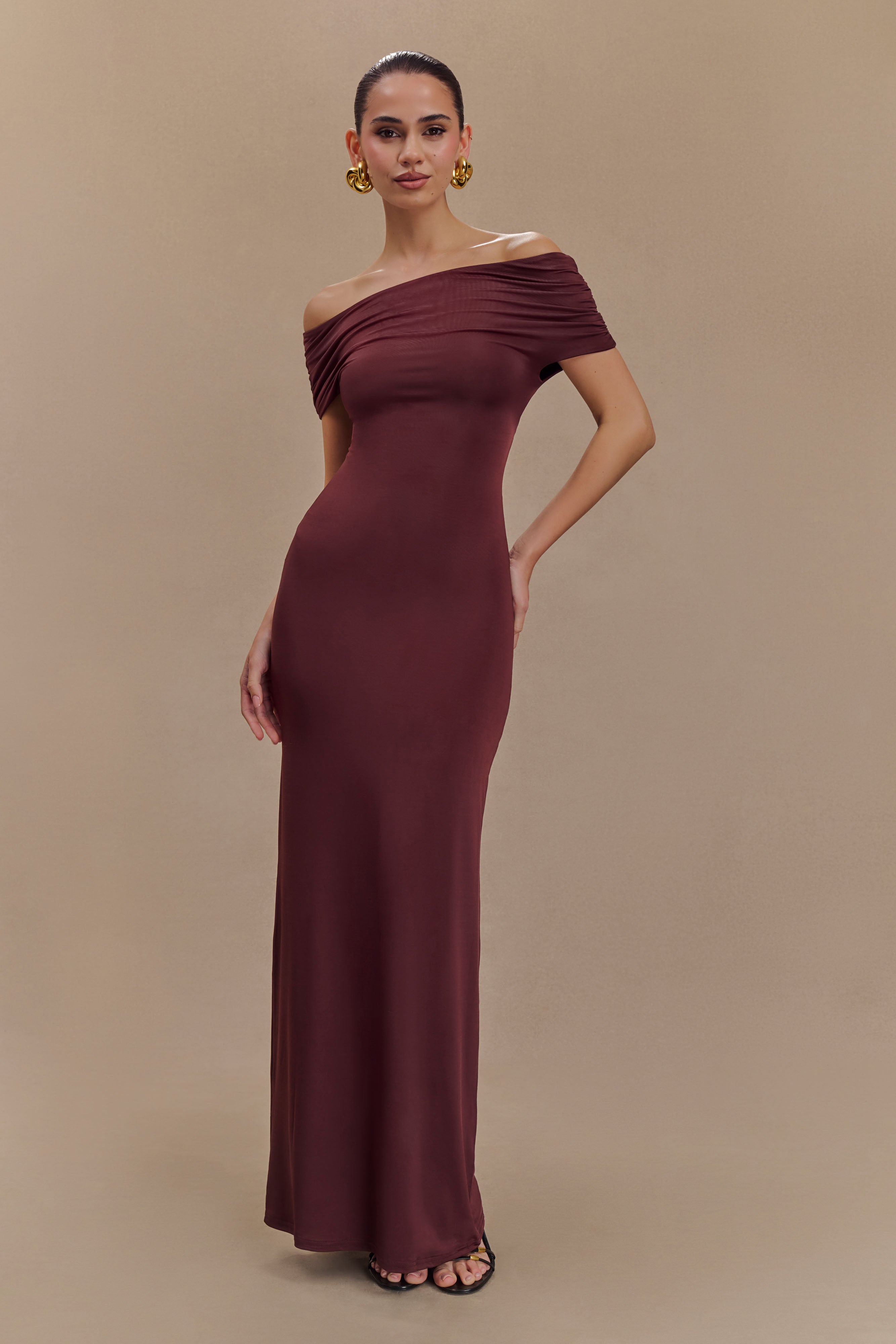 Imogen Off Shoulder Slinky Maxi Dress in Mahogany - Elegant Evening Gown for Parties, Weddings & Date Nights