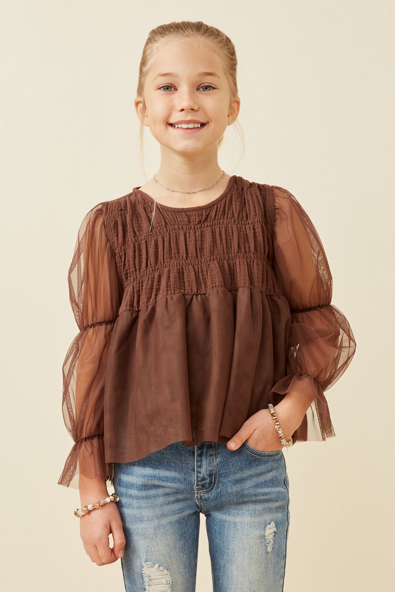 Peasant Sleeve Smocked Mesh Top for Women - Flowy Boho Blouse with Elastic Neckline - Perfect for Summer Outfits, Beach Vacations & Casual Date Nights