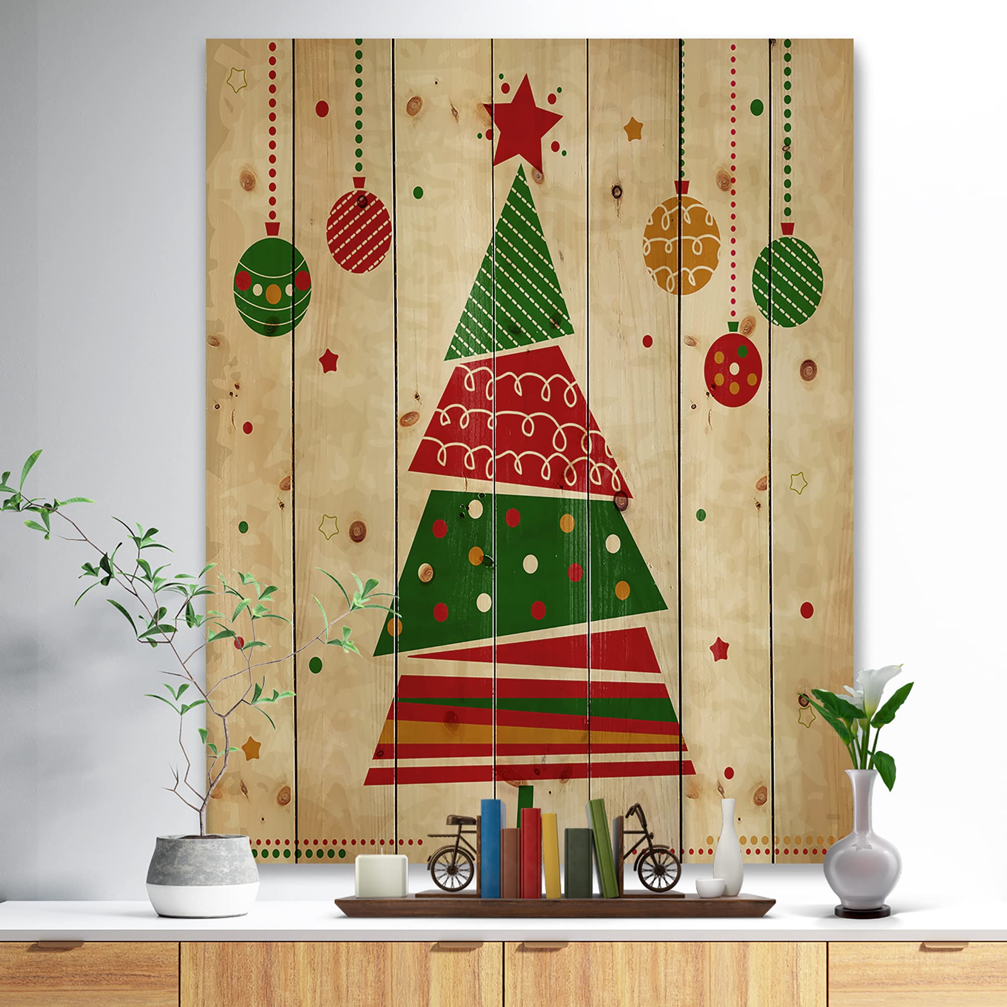 Abstract Red & Green Christmas Tree Wood Wall Art - Modern Pine Decor for Holidays