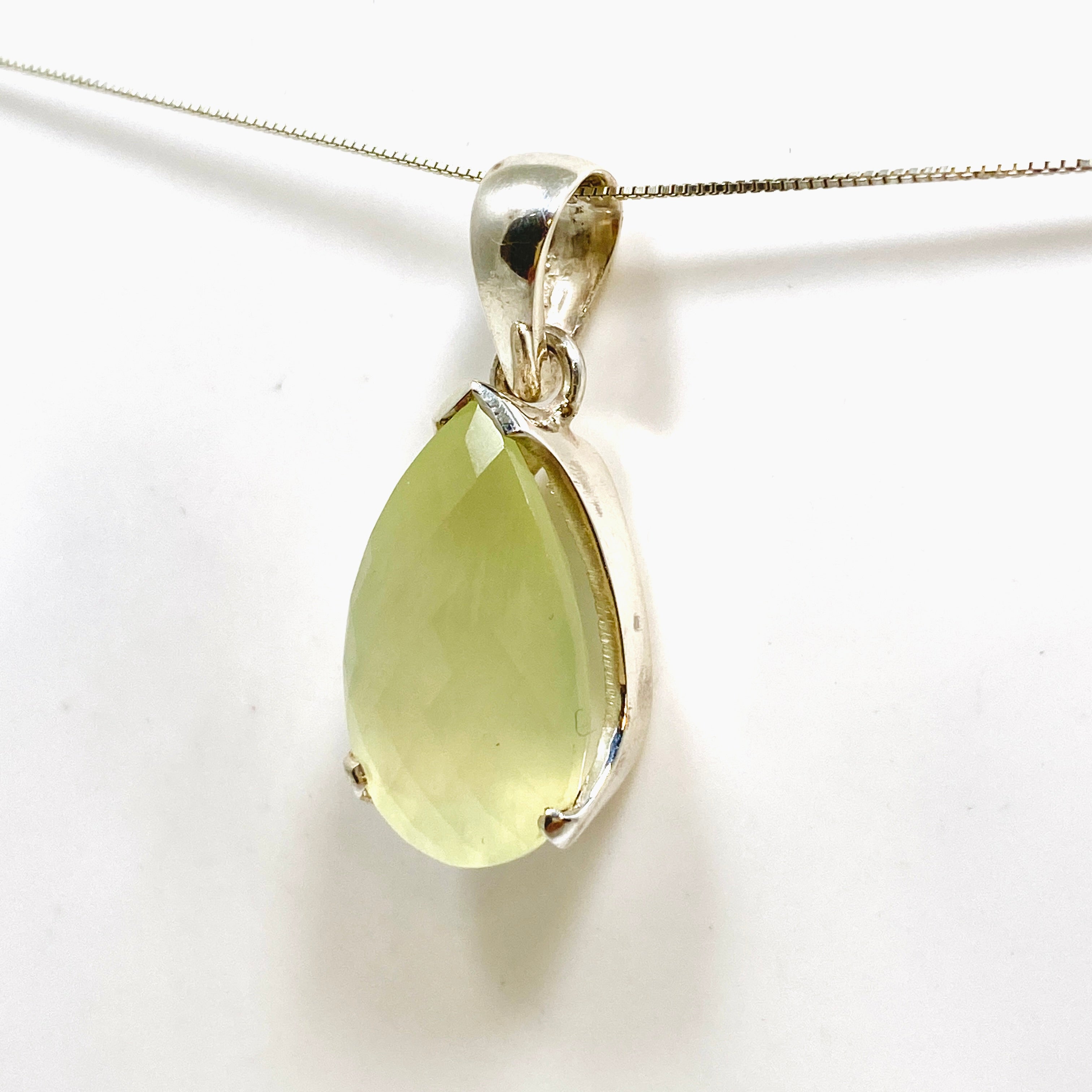 Prehnite Teardrop Checkerboard Faceted Pendant Necklace - Natural Gemstone Jewelry for Women - Perfect for Boho Style, Meditation & Spiritual Healing