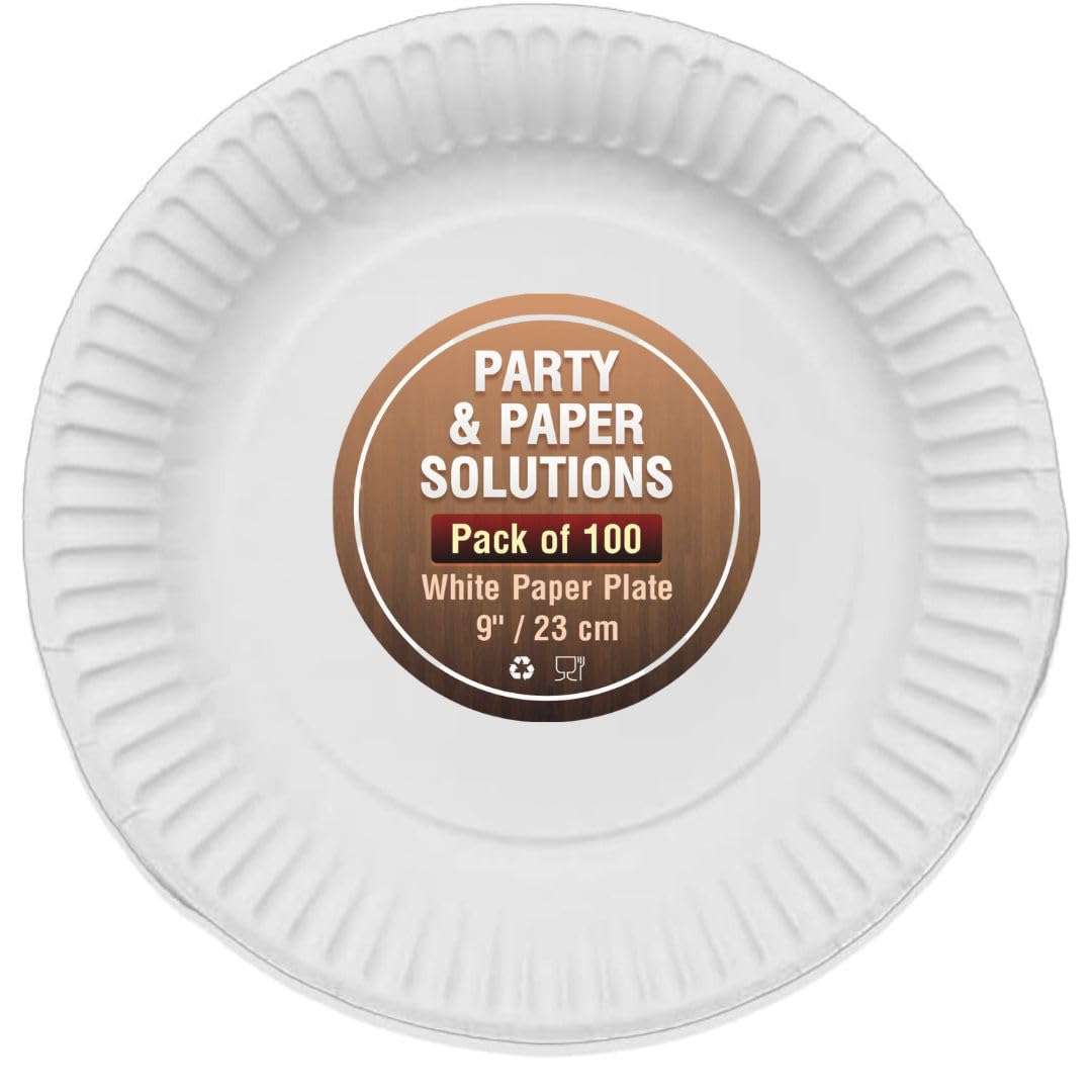 100 White Paper Plates 9 Inch (23cm) - Heavy Duty Disposable Plates for Hot & Cold Food - Perfect for Parties, Picnics, BBQs & Catering Events