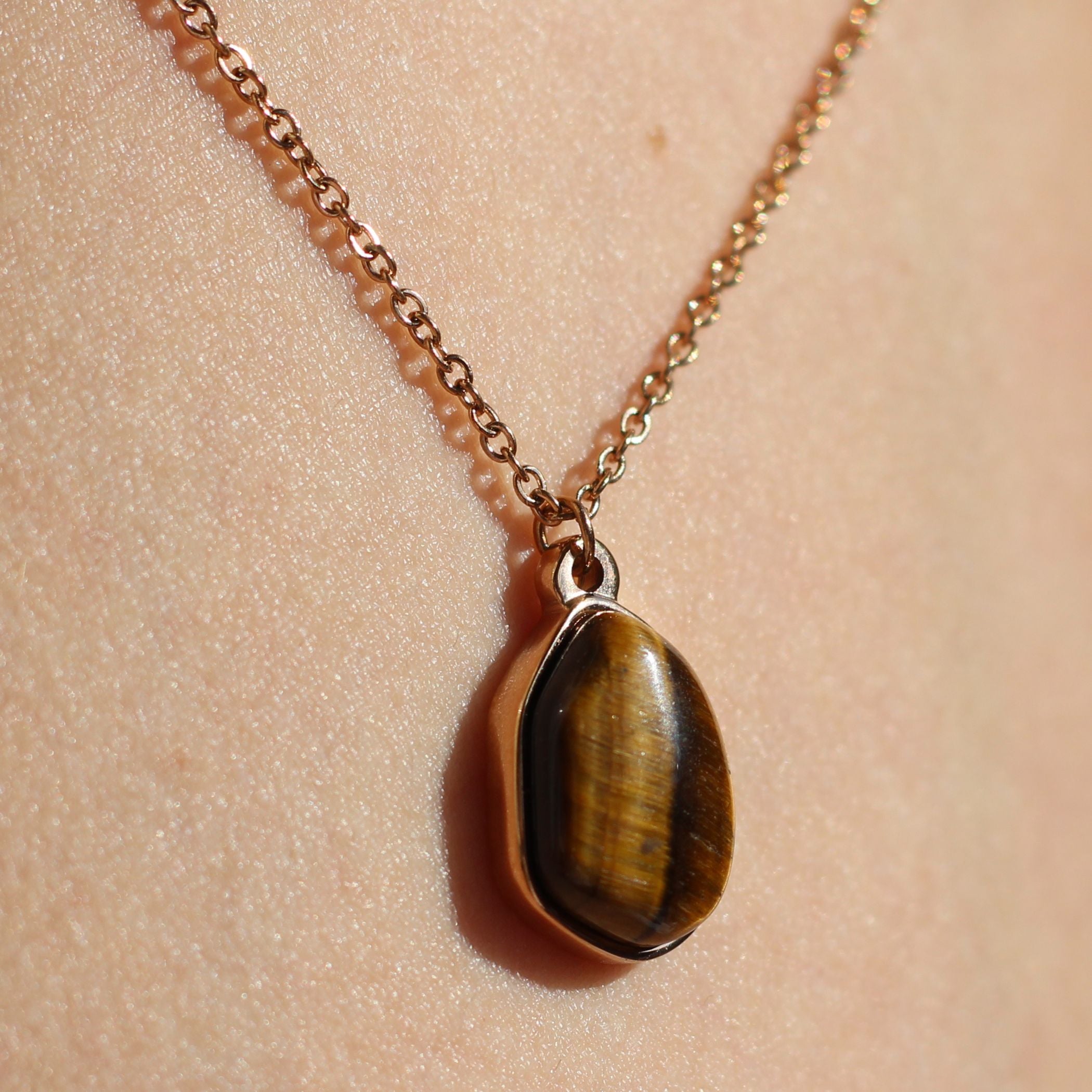 Tiger Eye Drop Necklace for Women - Natural Stone Pendant with Gold Plated Chain - Perfect for Boho Style, Meditation & Spiritual Healing Jewelry