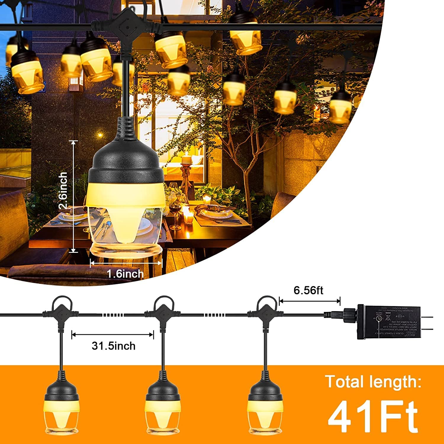 12 LED Bulbs 41 FT Outdoor String Lights with 8 Lighting Modes - Waterproof Shatterproof Hanging Patio Lights for Garden, Backyard, Gazebo, Party Decor | Perfect for Bistro, Wedding, and Outdoor Dining Ambiance
