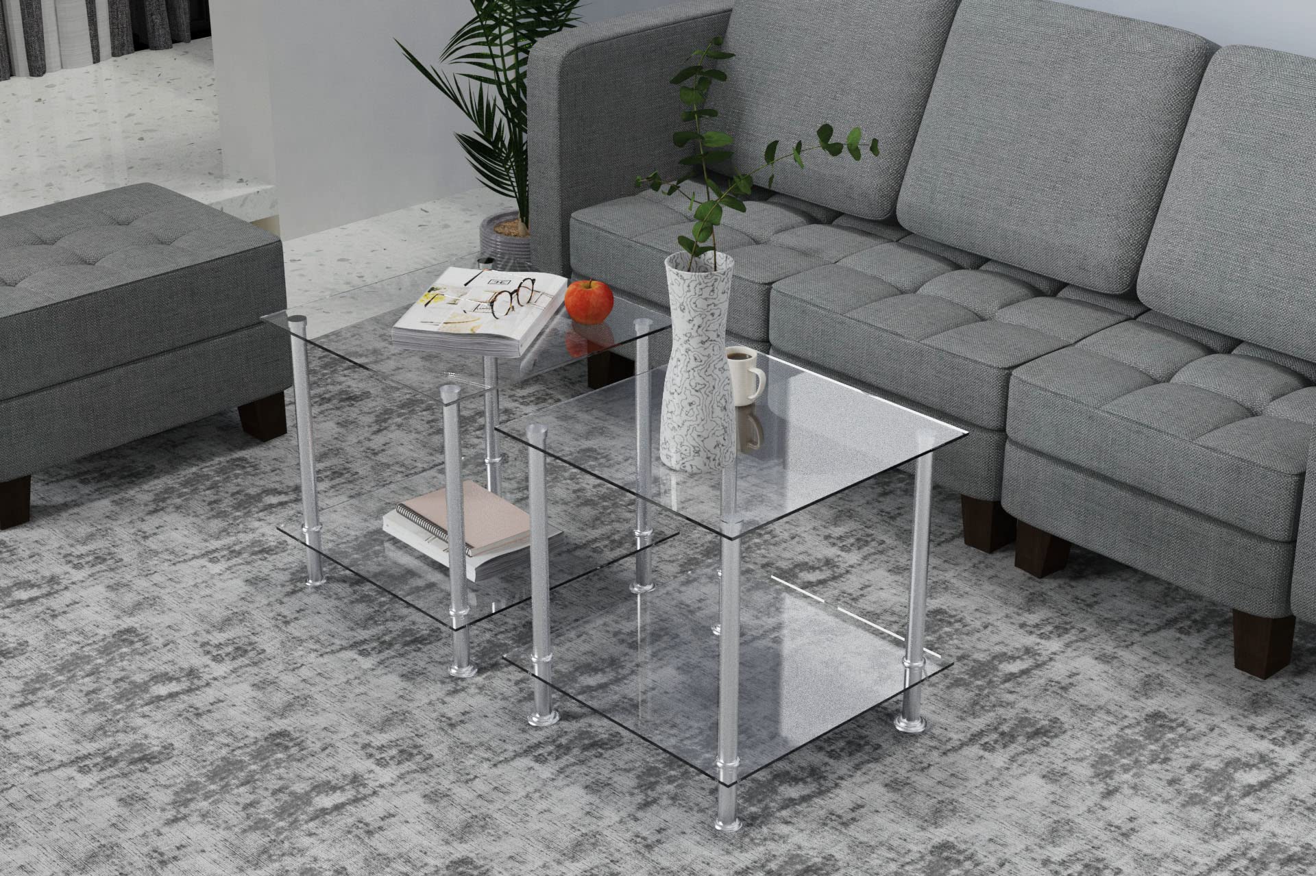 Nozama Glass End Table Set of 2 - Modern Square Side Tables with Chrome Legs for Living Room, Bedroom & Office - Perfect Sofa, Couch or Bedside Accent Tables