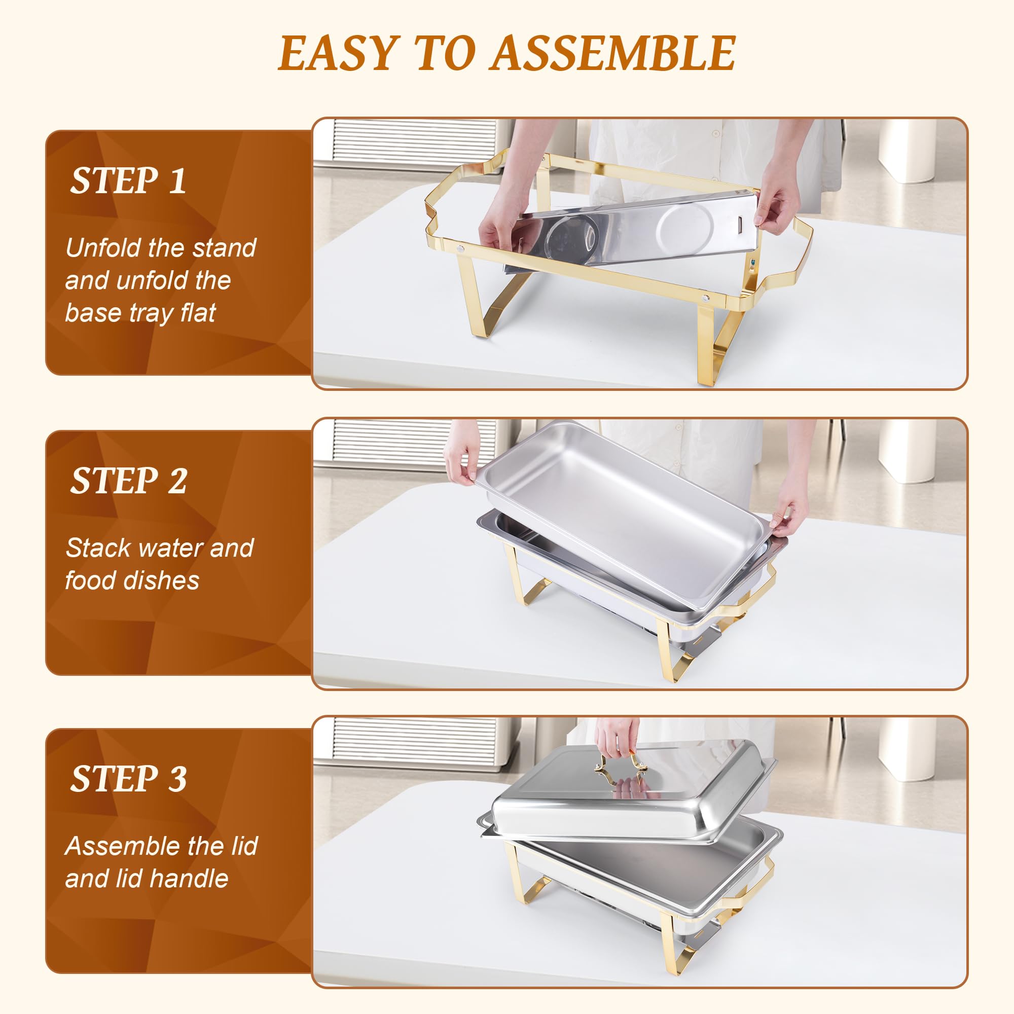 Premium 9.5QT Stainless Steel Chafing Dish Set (4-Pack) - Gold Rectangular Buffet Serving Trays with Heating & Cooling Function - Perfect for Banquets, Weddings, Catering, Parties & Events