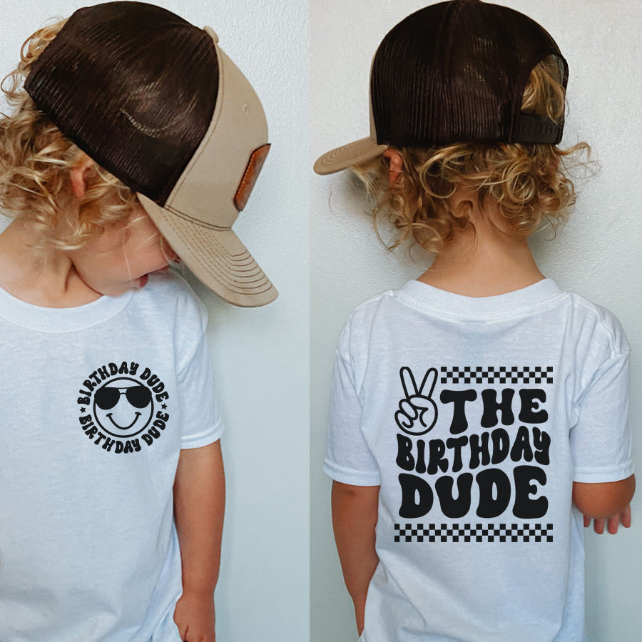 Birthday Dude Graphic T-Shirt for Kids - Front & Back Print - Fun Birthday Party Outfit & Casual Wear