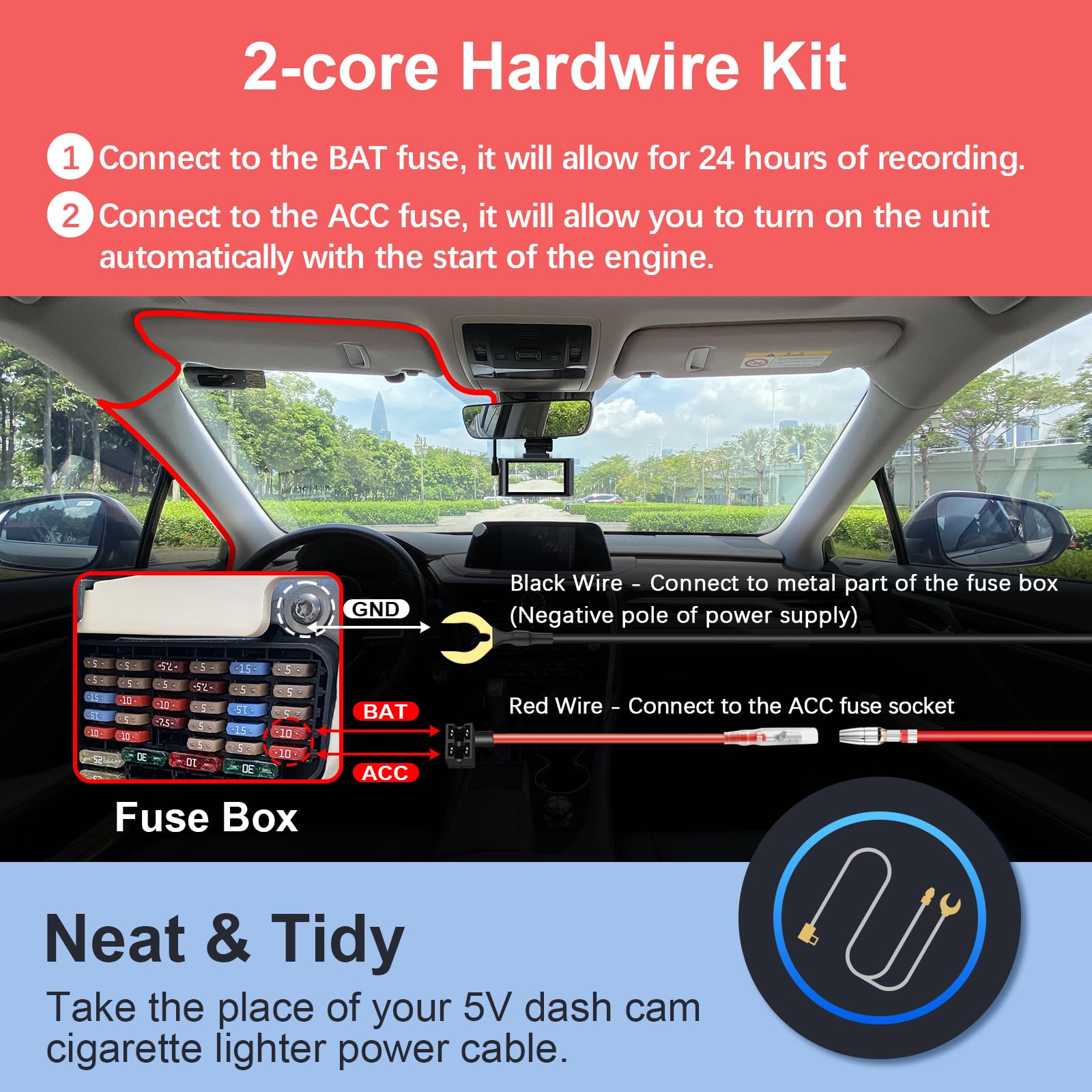 Premium USB-C Hardwire Kit for Dash Cam - 12V/24V to 5V 2.5A Power Cord with 4 Adapters & 3 Fuses - 4m Car Charger Cable for Dashcam, GPS & Car Electronics - Perfect for Continuous Recording & Parking Mode