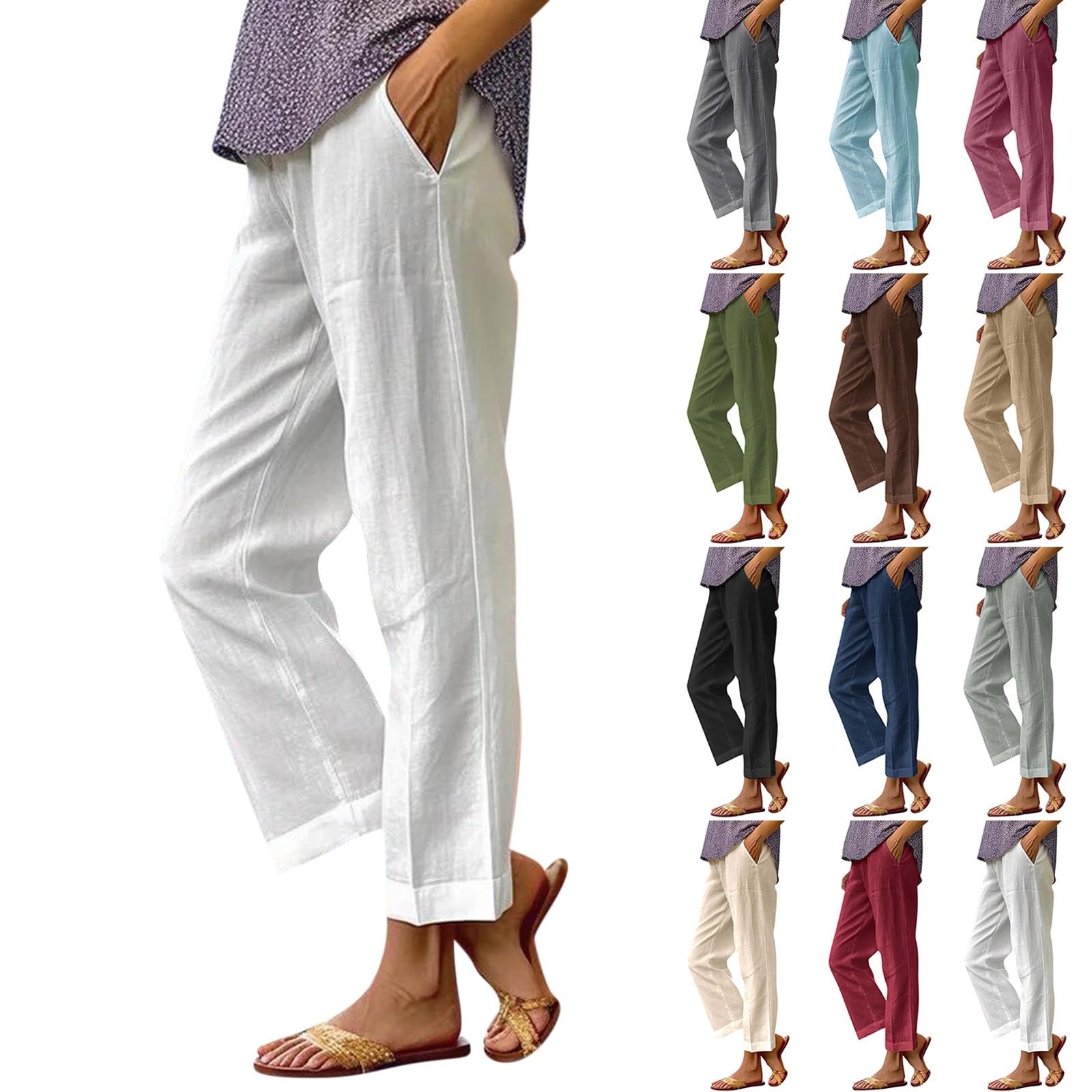 Elastic Waist Linen Pants for Women - Summer Comfortable Flowy Palazzo Pants, Boho Baggy Casual Beach Pants with Pockets | Perfect for Vacation, Yoga, and Everyday Wear
