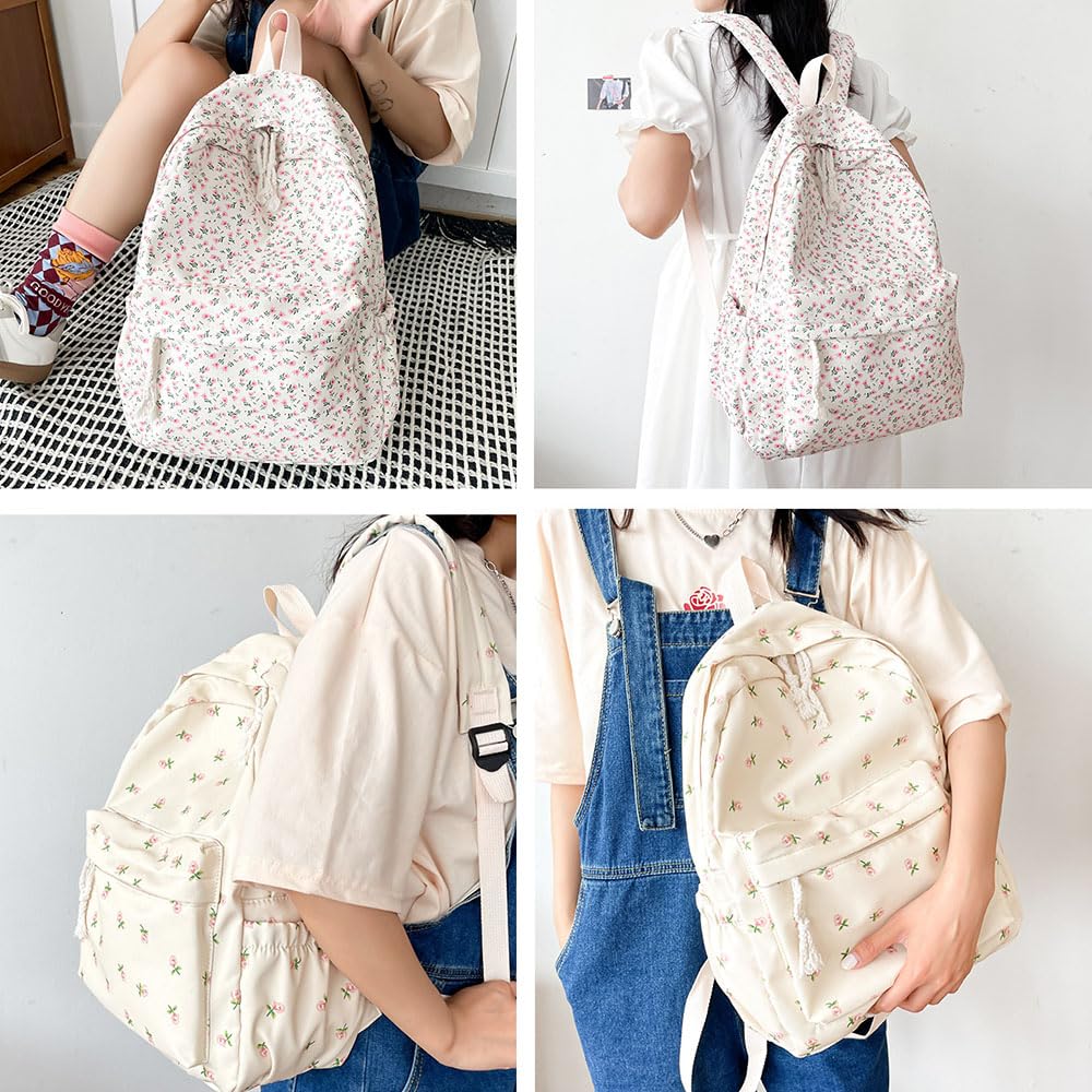 Cute Pink Floral Printed Kawaii Backpack for Girls - Stylish Preppy School Bag for Teens, College & Travel | Lightweight Durable Laptop Backpack for Everyday Use