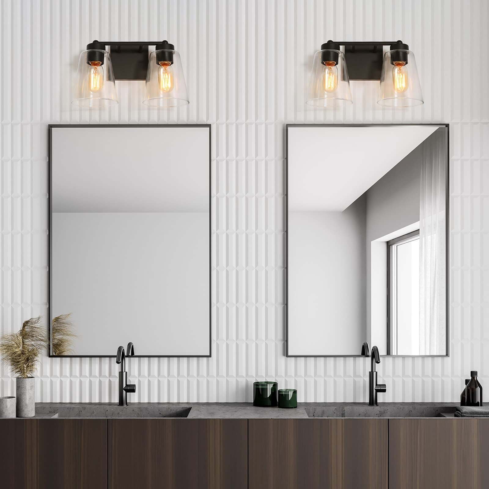 Black Farmhouse Bathroom Vanity Light Fixture - 2-Light Rustic Sconce with Clear Glass Shade (13