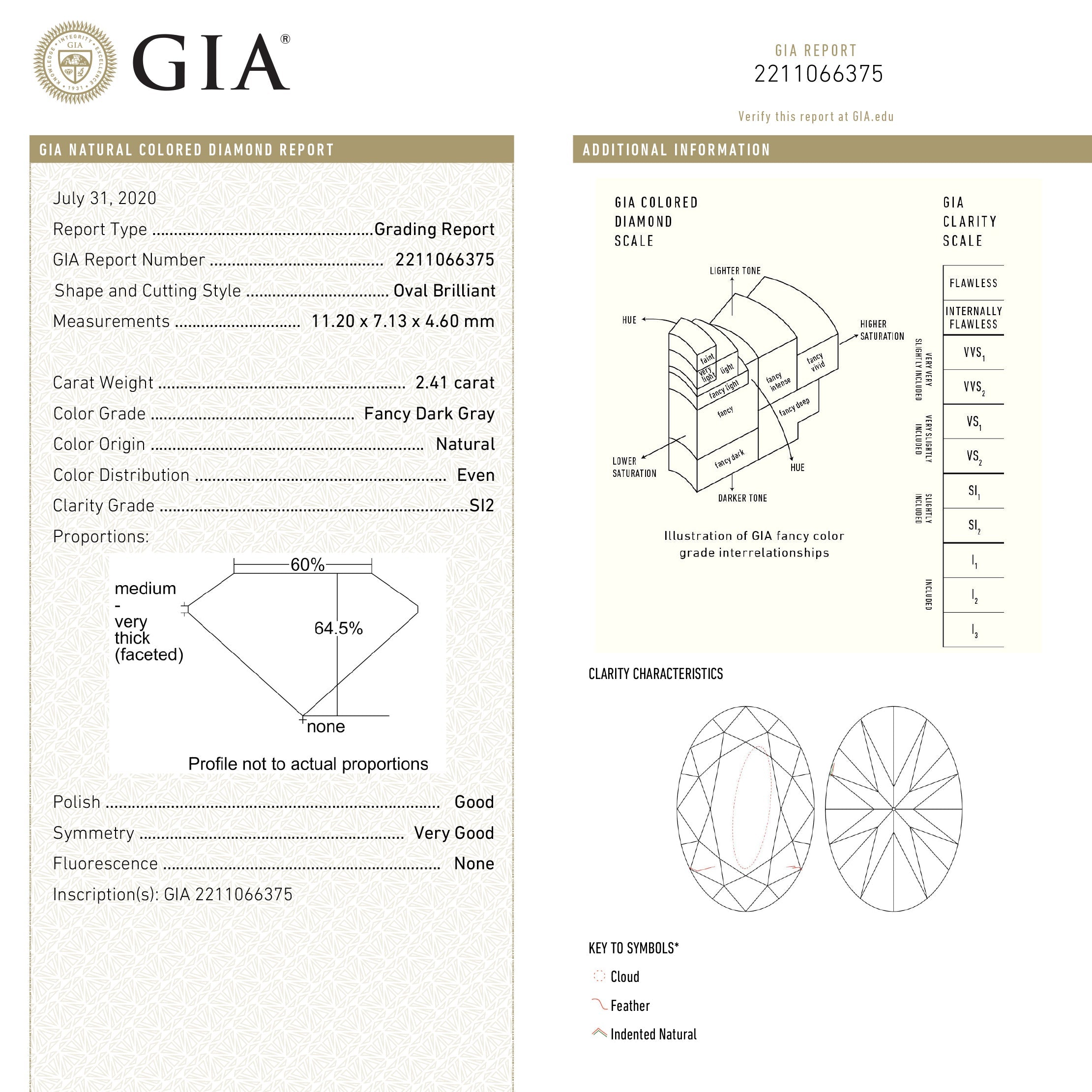 2.41ct GIA Certified Fancy Grey Oval Diamond (11.20x7.13x4.60mm) - SI2 Clarity Brilliant Cut for Engagement Rings & Fine Jewelry