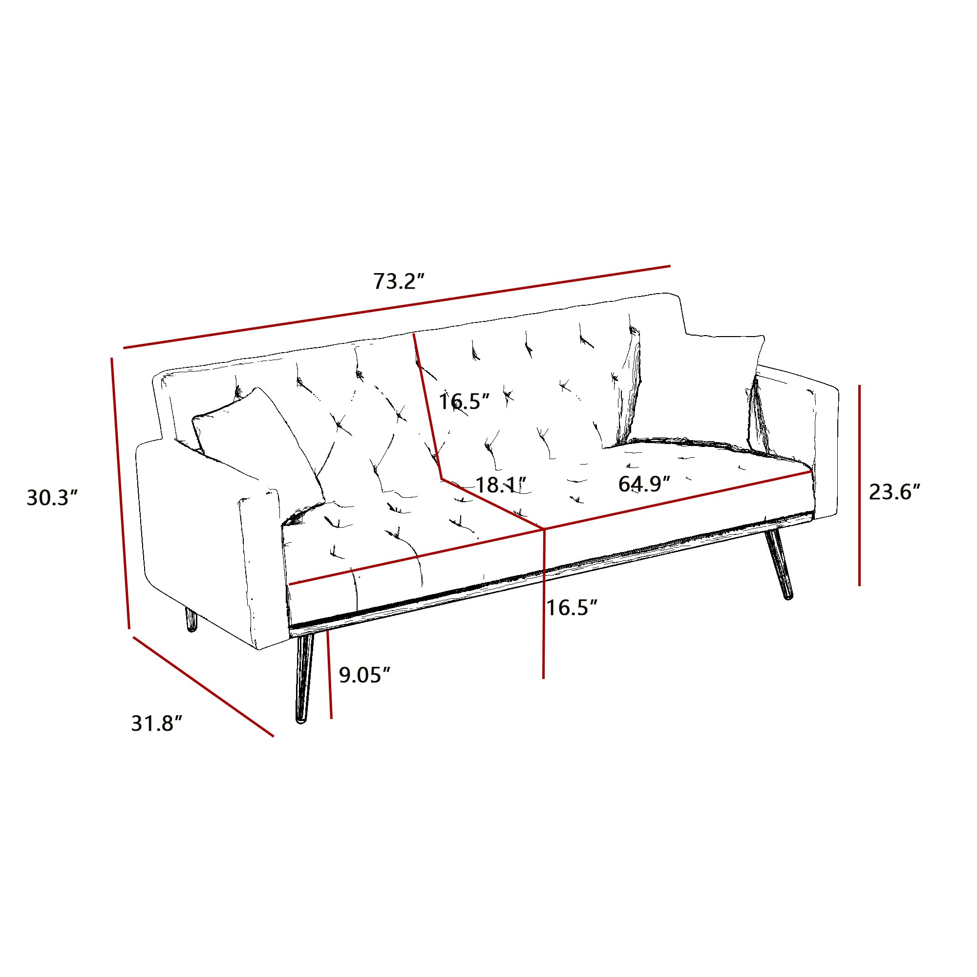 Yoglad Convertible Sofa Bed with Pillow - Velvet Upholstered Recliner Loveseat, Futon Couch with Sturdy Metal Legs, 73
