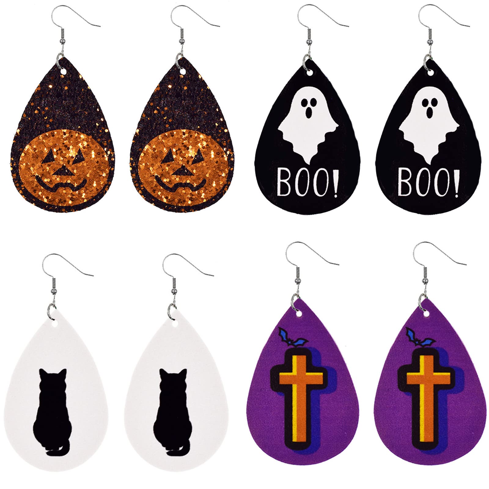 Halloween Pumpkin Ghost Bat Print Dangle Earrings for Women & Girls - Cute Boo Cat Cross Hat Design, Leather Jewelry Set | Perfect for Halloween Parties, Costume Accessories & Spooky Fashion